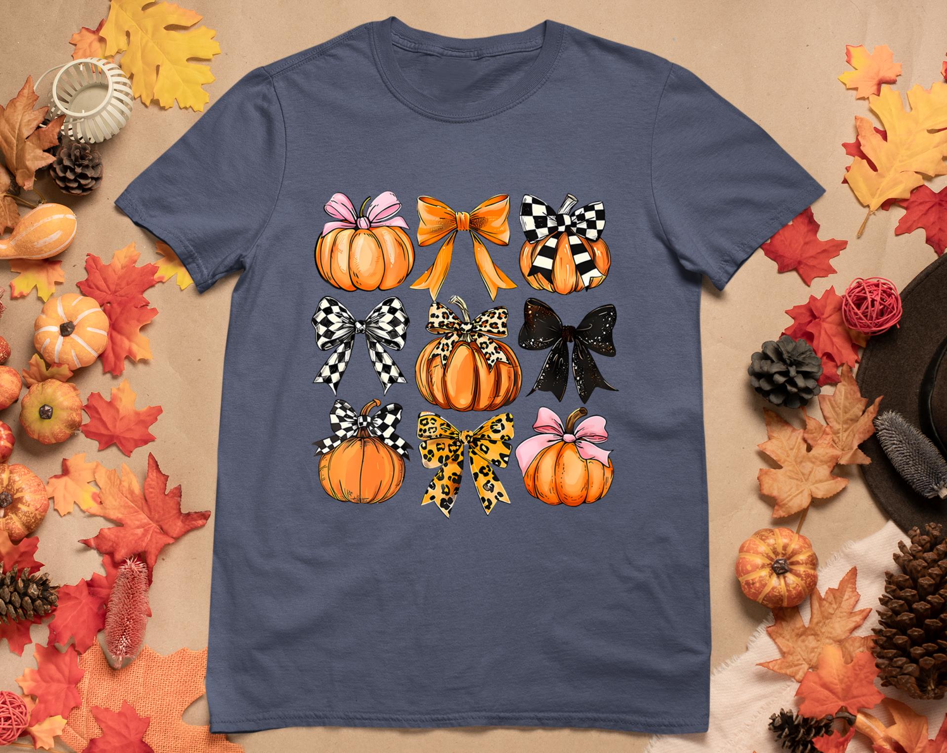 Cute Coquette Bows Pumpkin Season Halloween Autumn Fall T-Shirt