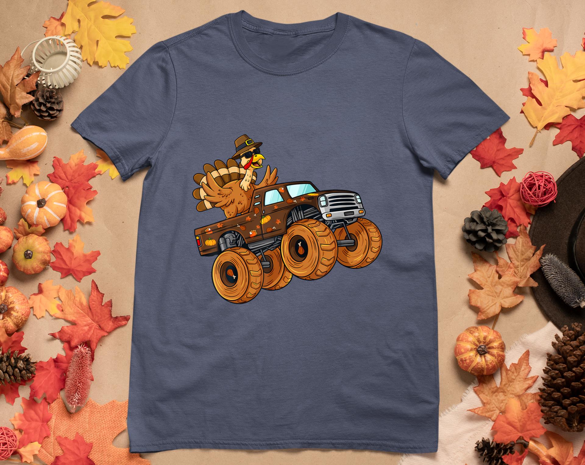 Thanksgiving Turkey Riding Monster Truck Boys Kids T-Shirt