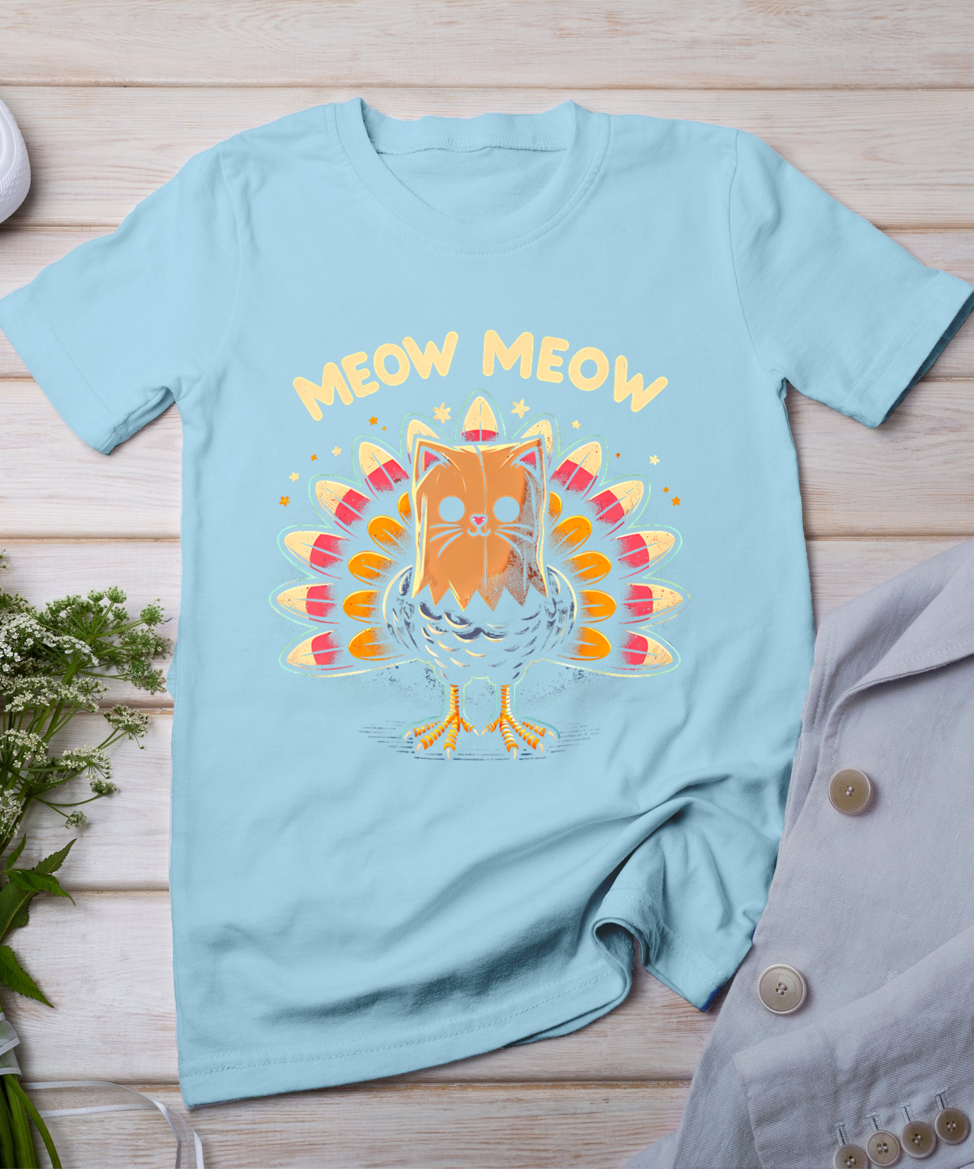 Funny Thanksgiving Shirt For Men Women Kids Meow Cat Turkey T-Shirt