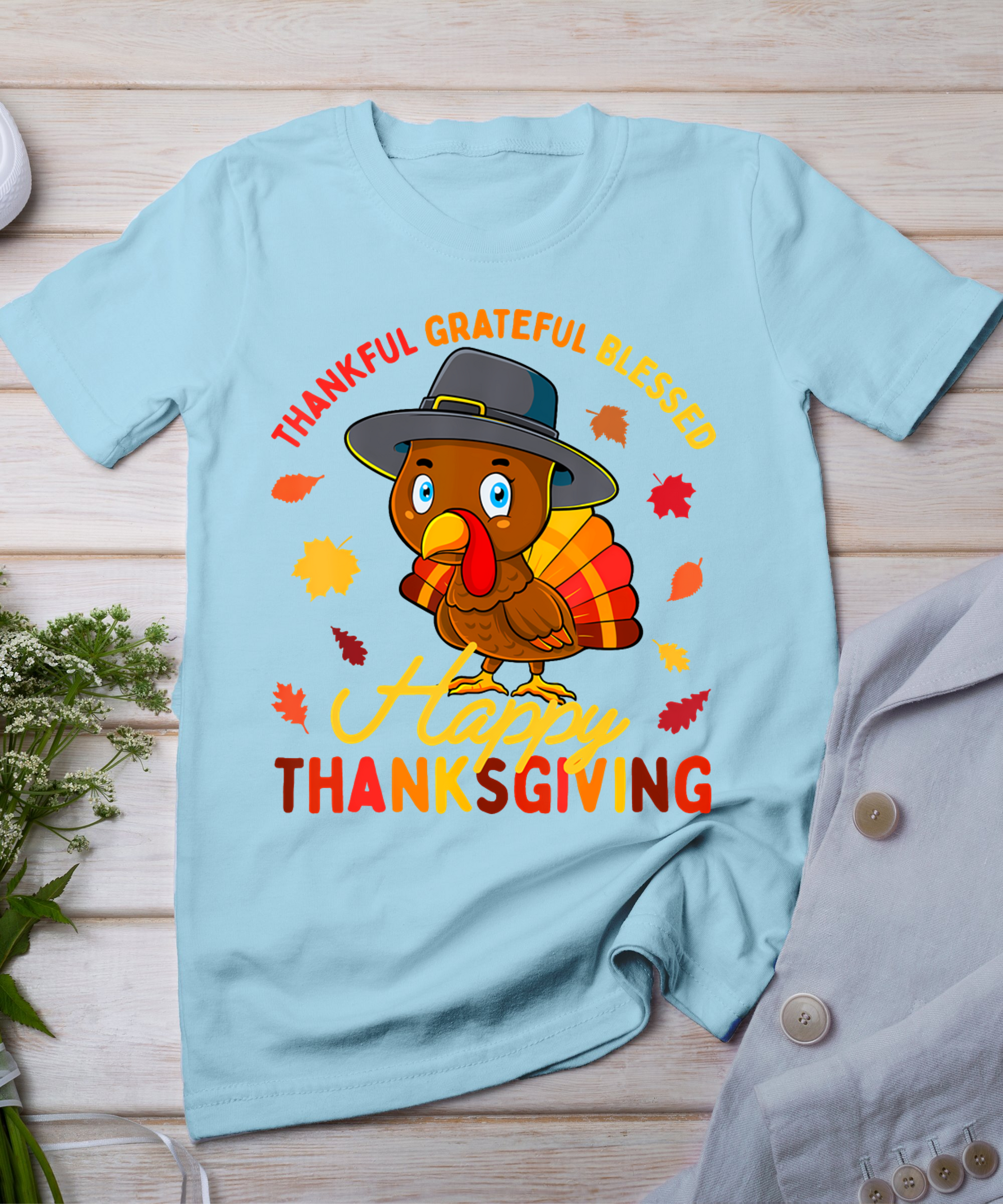 Thankful Grateful Blessed Thanksgiving Turkey Women Girls T-Shirt