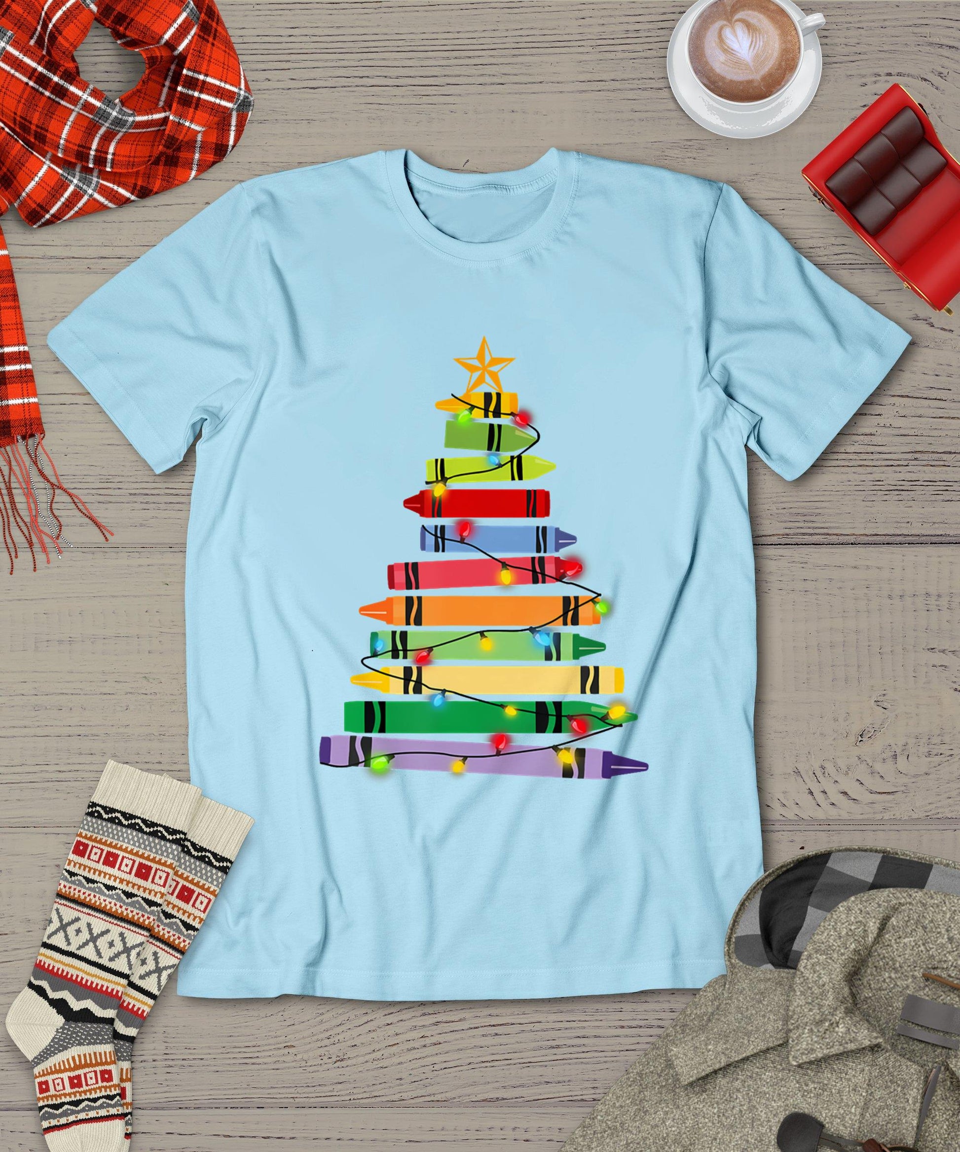 Teacher Christmas Tshirt Crayon Tree Light Gifts Student T-Shirt