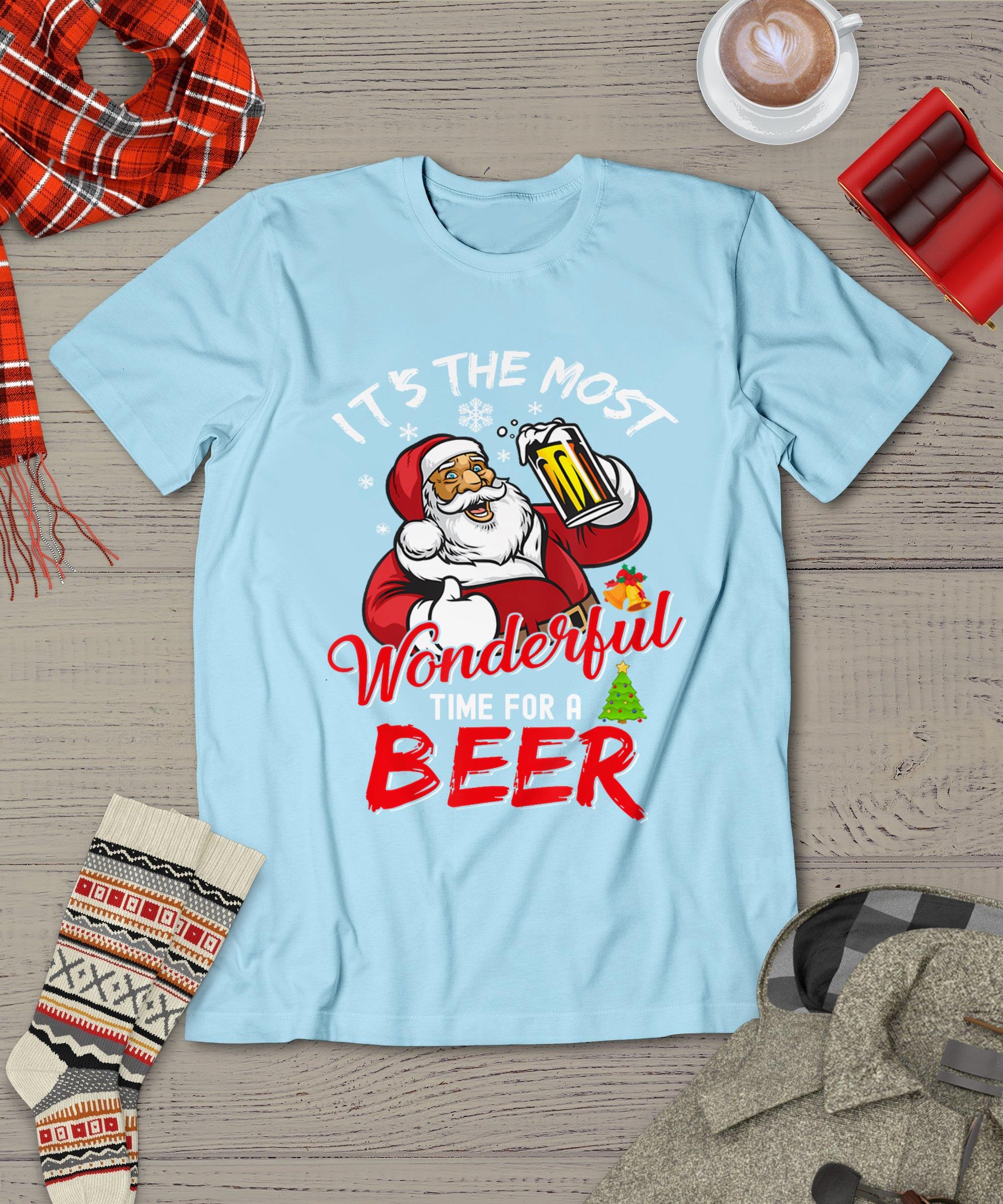 Funny Christmas Santa Claus Drinking Beer Wonderful Time T-Shirt