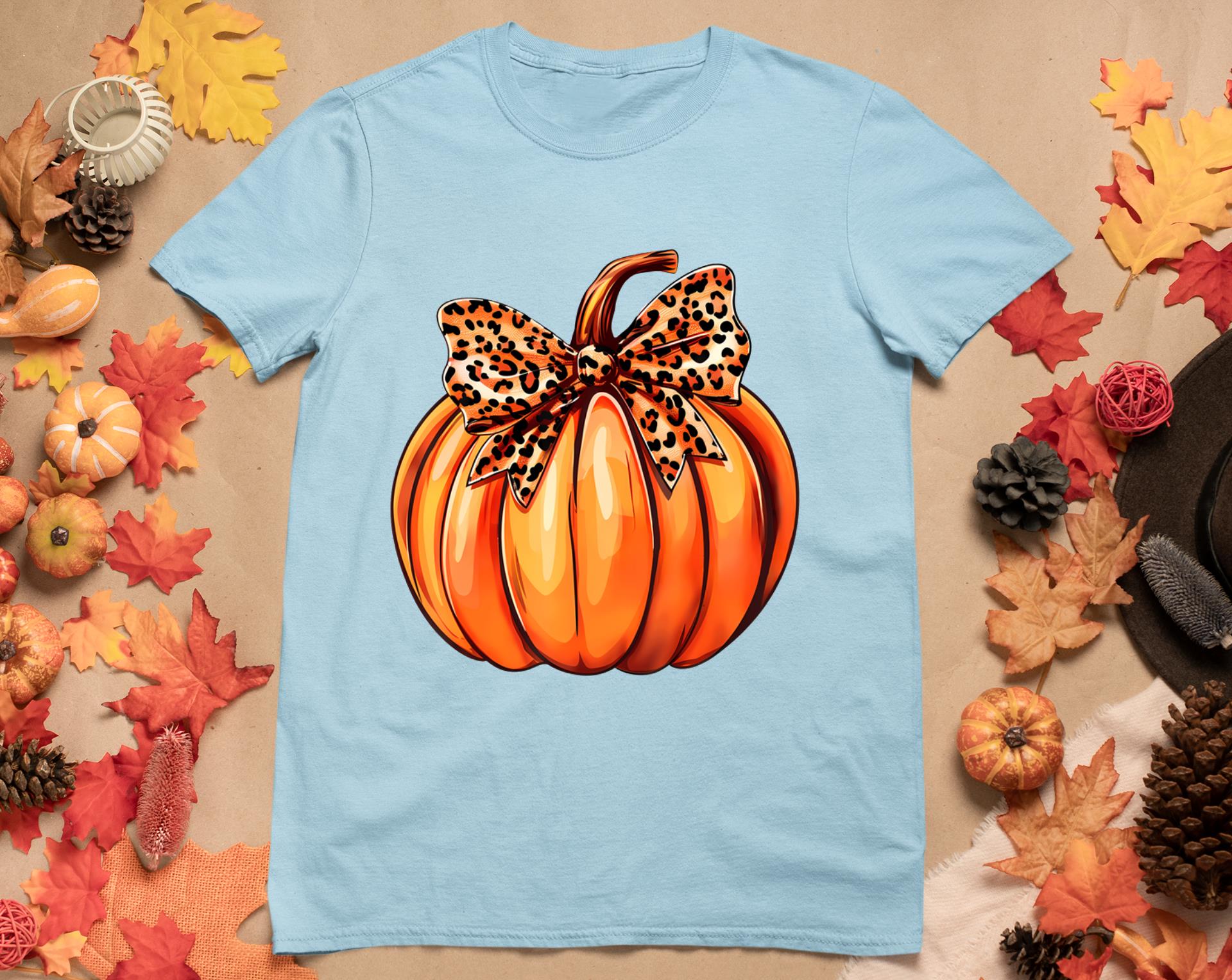 Coquette Bow Leopard Pumpkin Thanksgiving Rustic Fall Women T-Shirt