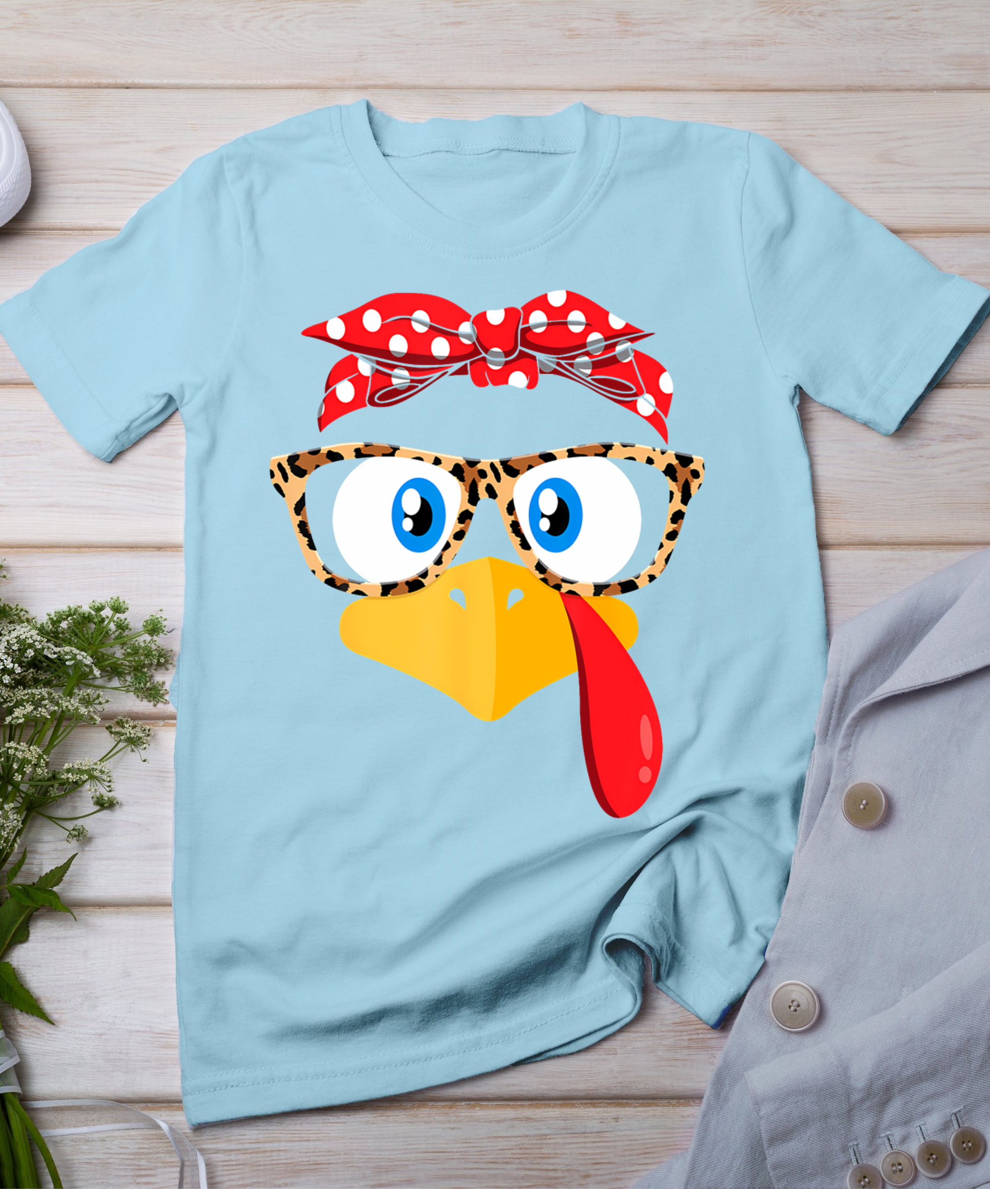 Thanksgiving Turkey Face Leopard Print Glasses Women Girls T-Shirt