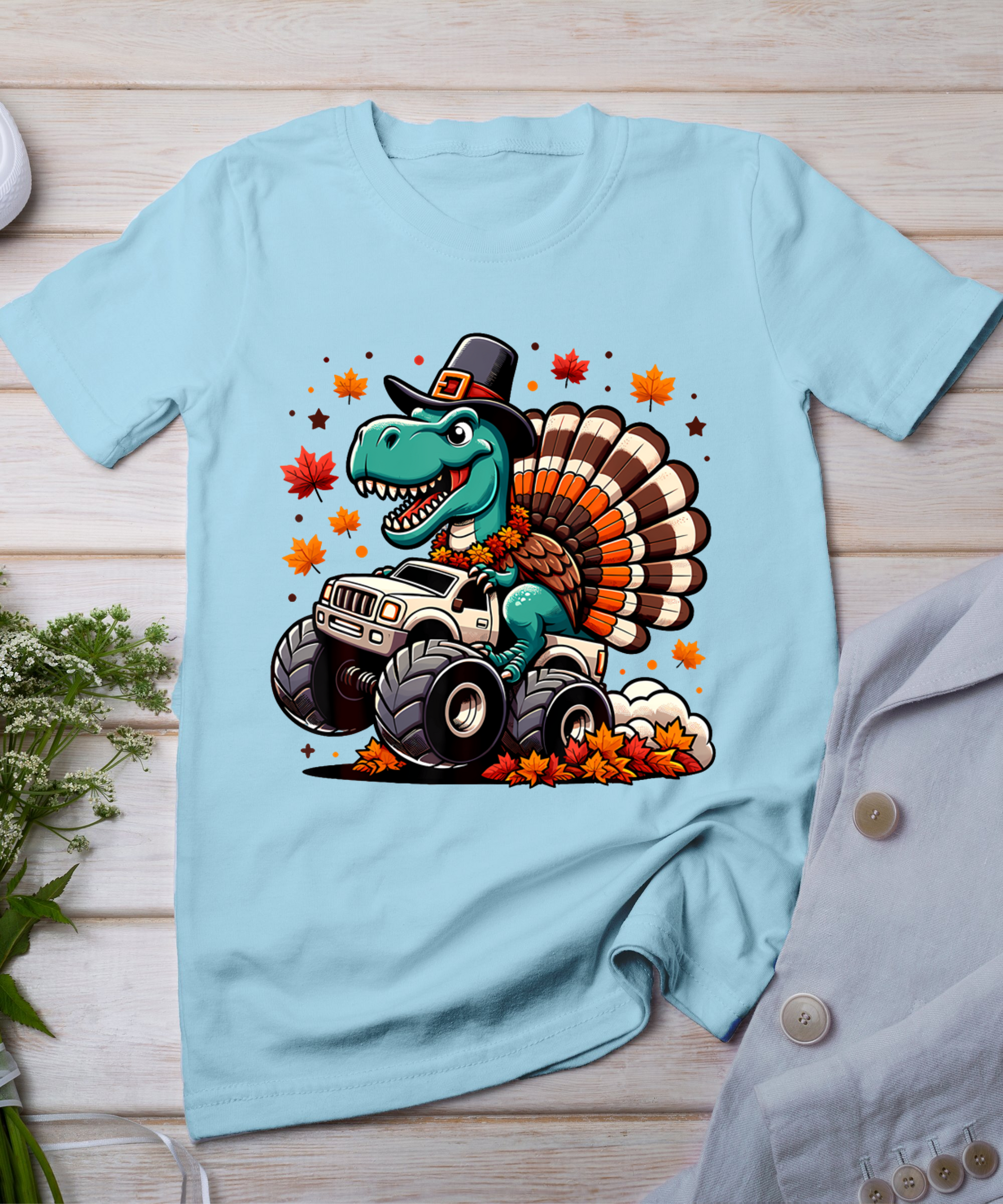 Thanksgiving Shirts Boys Kids Dinosaur T Rex Monster Truck T-Shirt