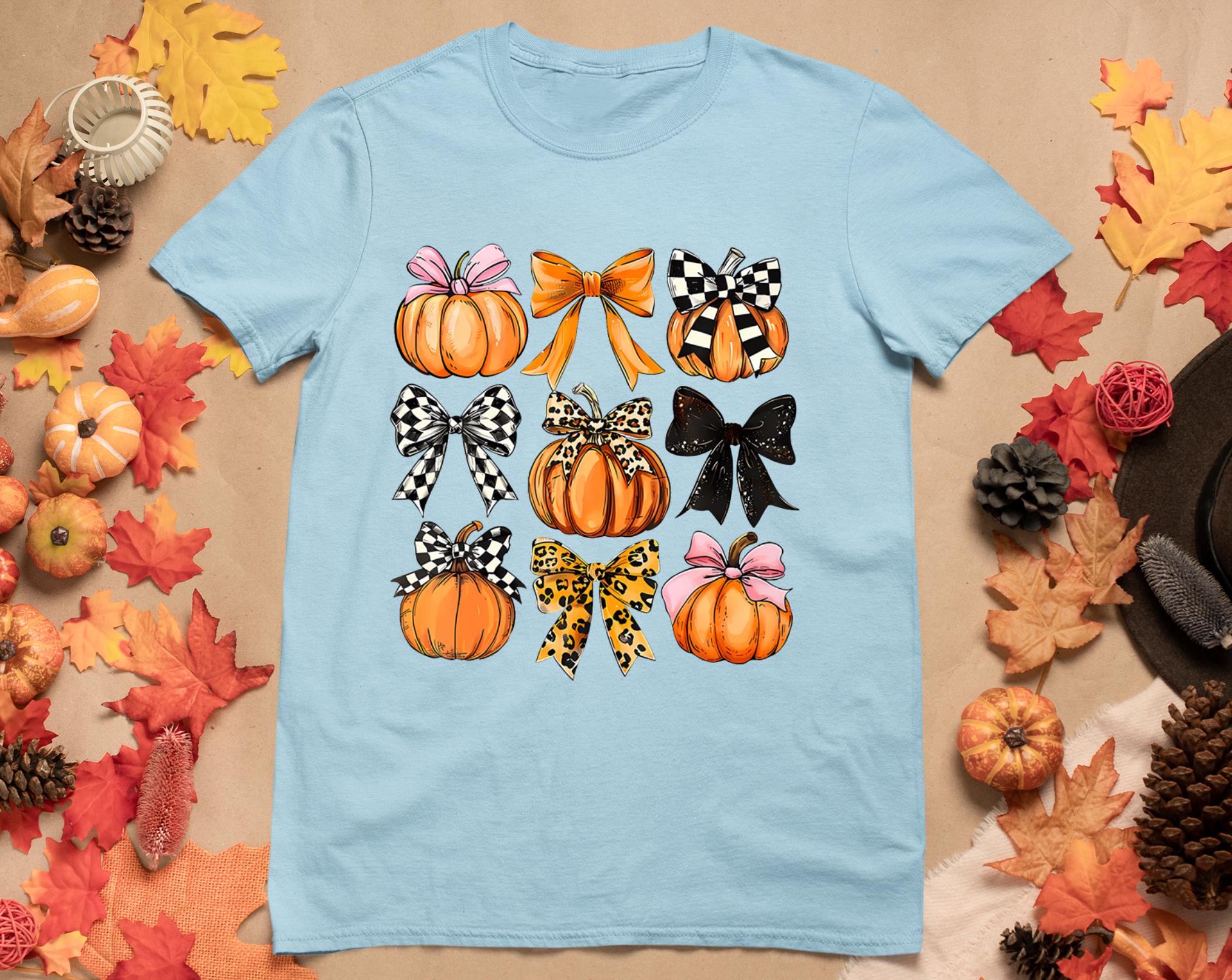 Cute Coquette Bows Pumpkin Season Halloween Autumn Fall T-Shirt