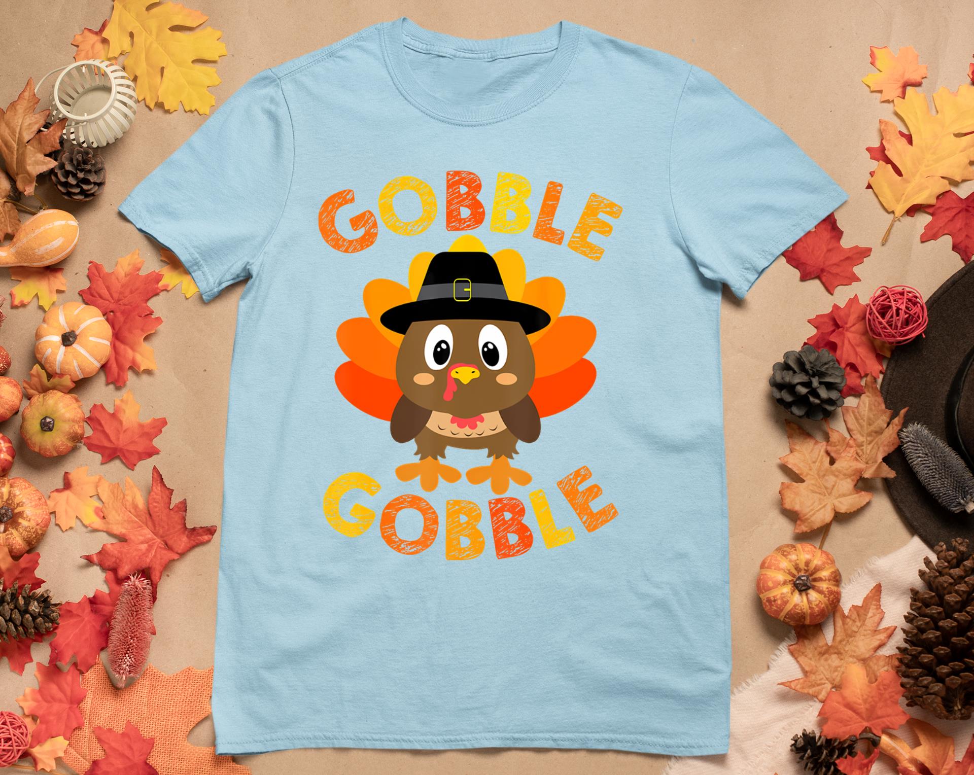 Cute Gobble Gobble Turkey Pilgrim Little Boys Thanksgiving T-Shirt