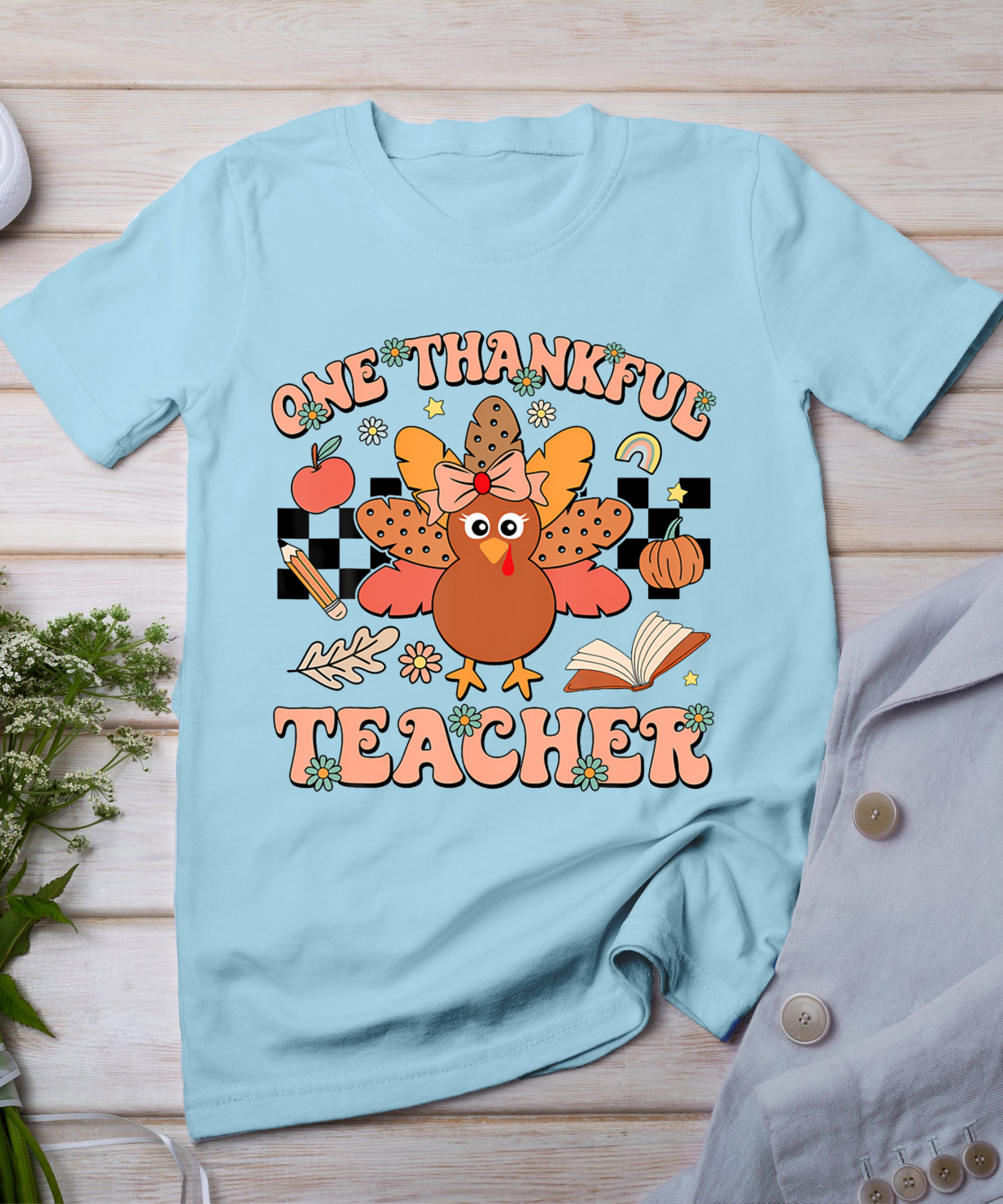 One Thankful Teacher Thanksgiving Retro Groovy Fall Teachers T-Shirt