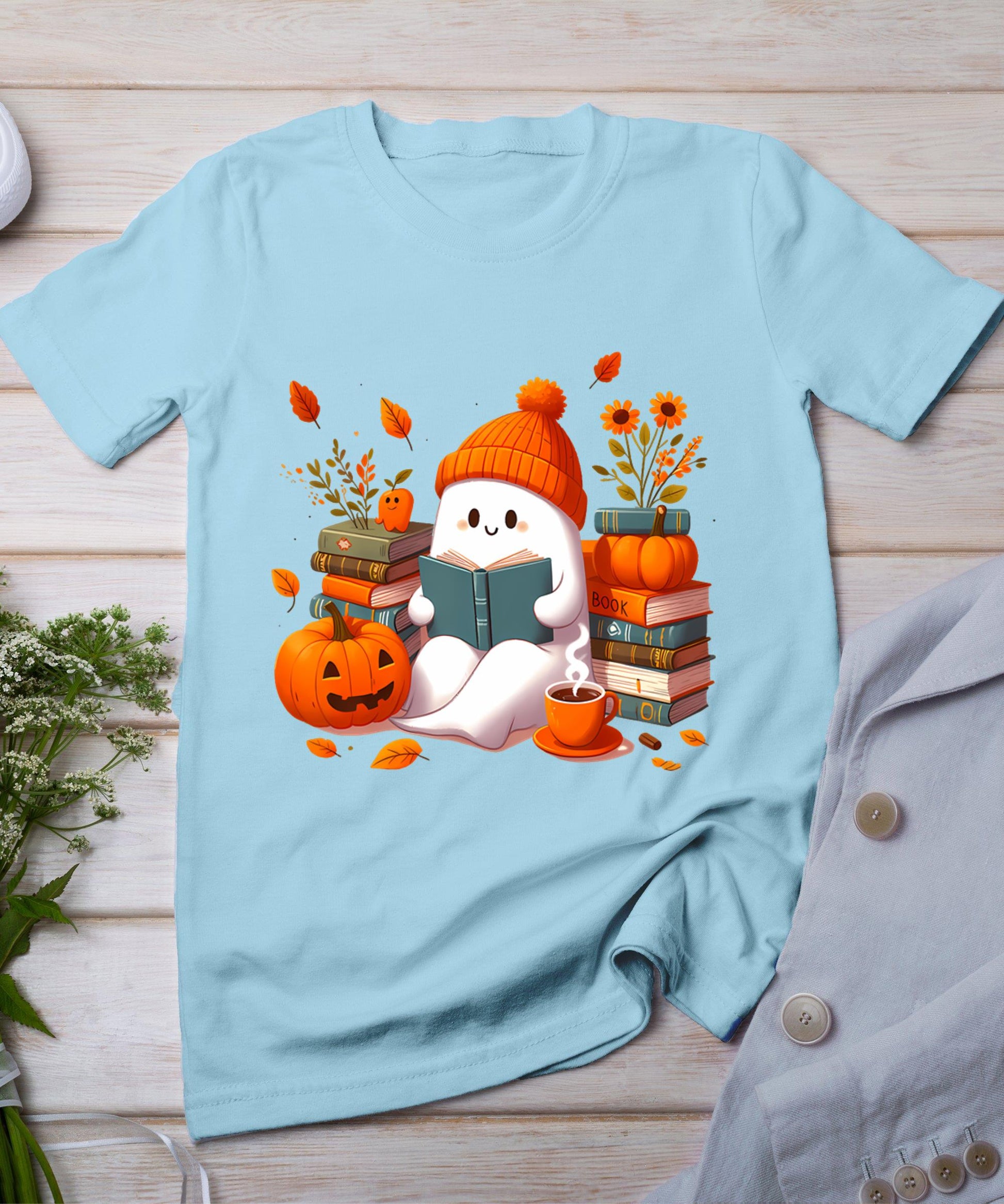 Cute Ghost Book Reading Halloween Books Lover Teacher Kids T-Shirt