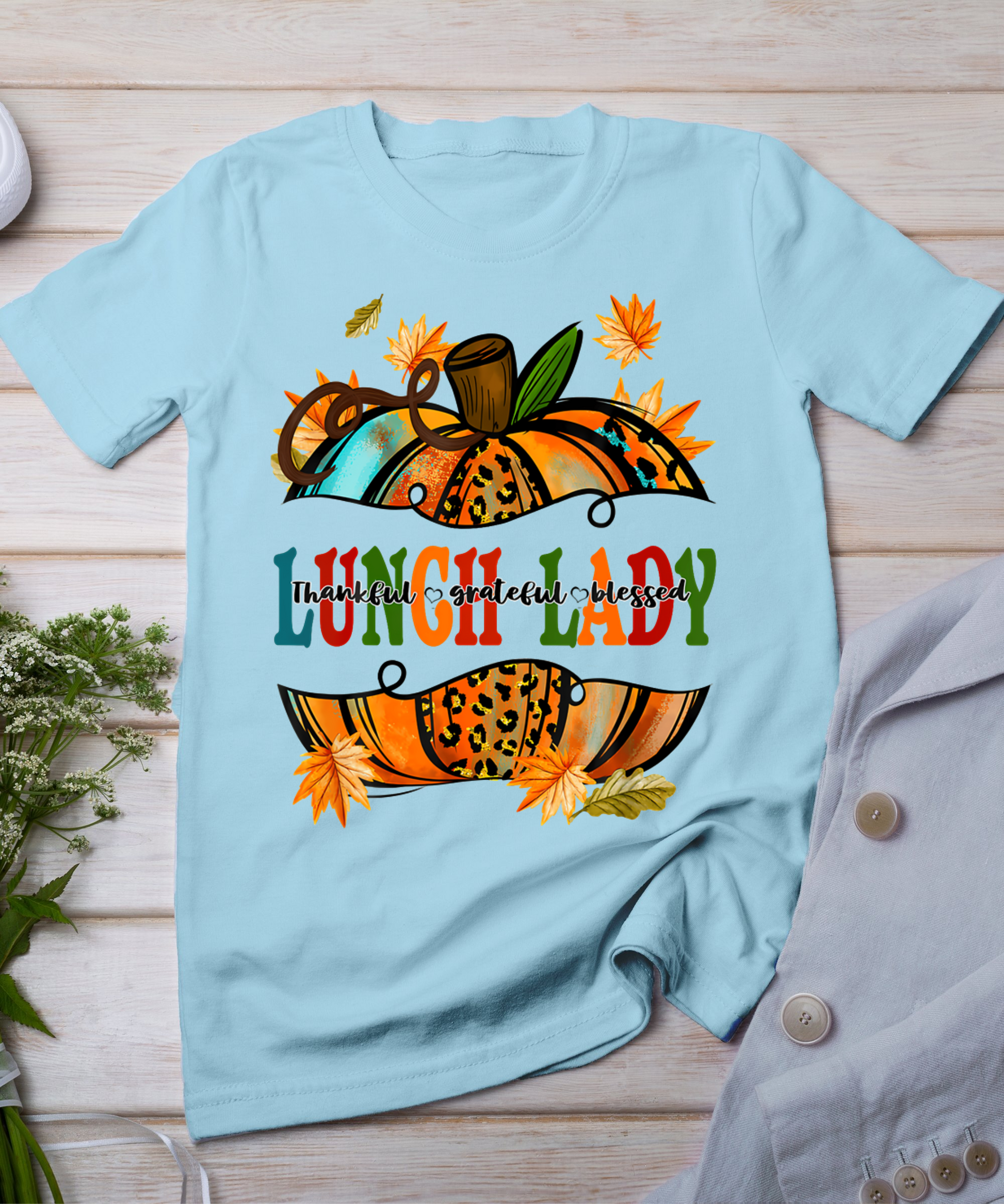 Leopard Pumpkin Fall Autumn Thanksgiving Lunch Lady Women T-Shirt