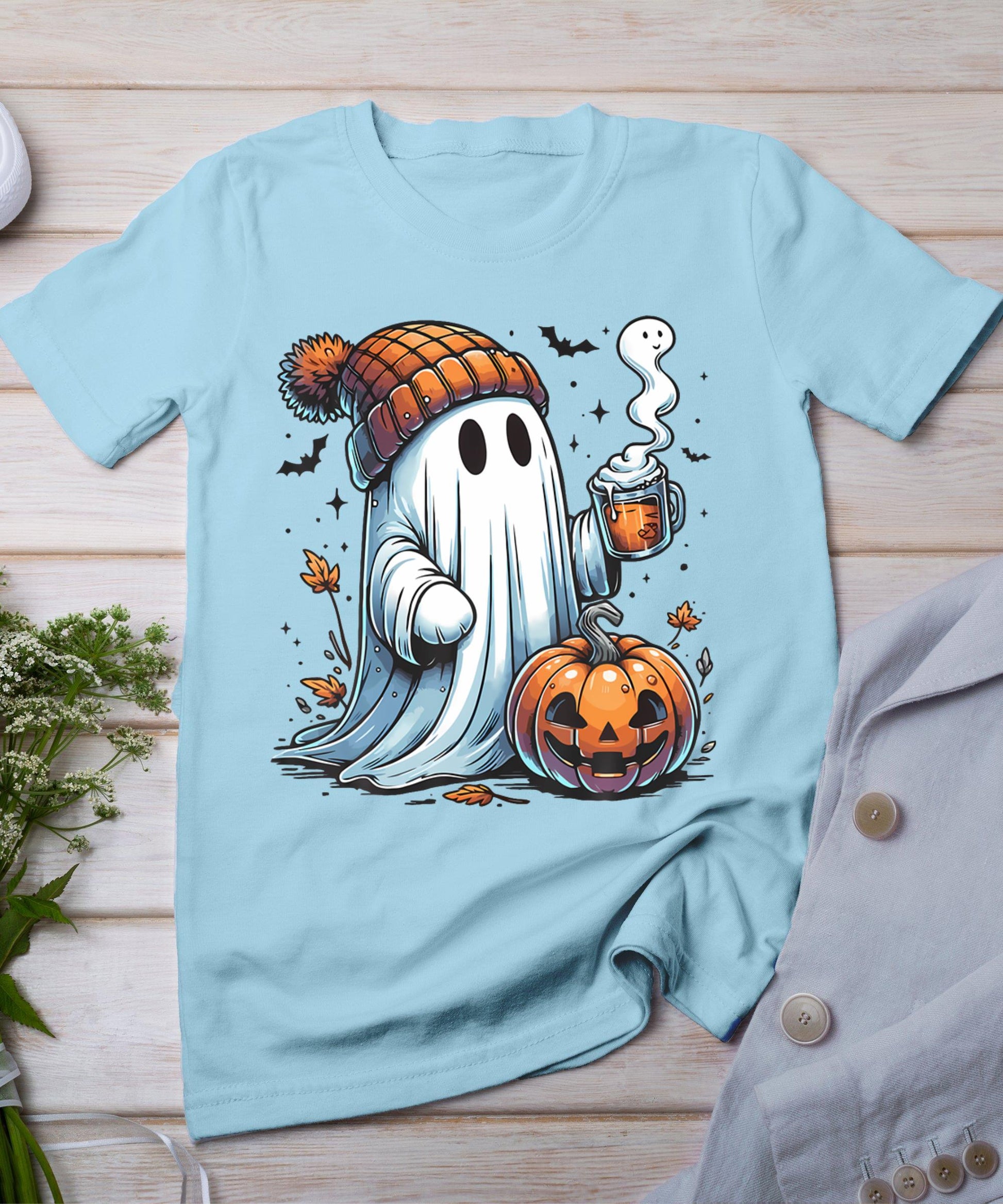 Cute Ghost Drinking Coffee Halloween Ghost Coffee Womens T-Shirt