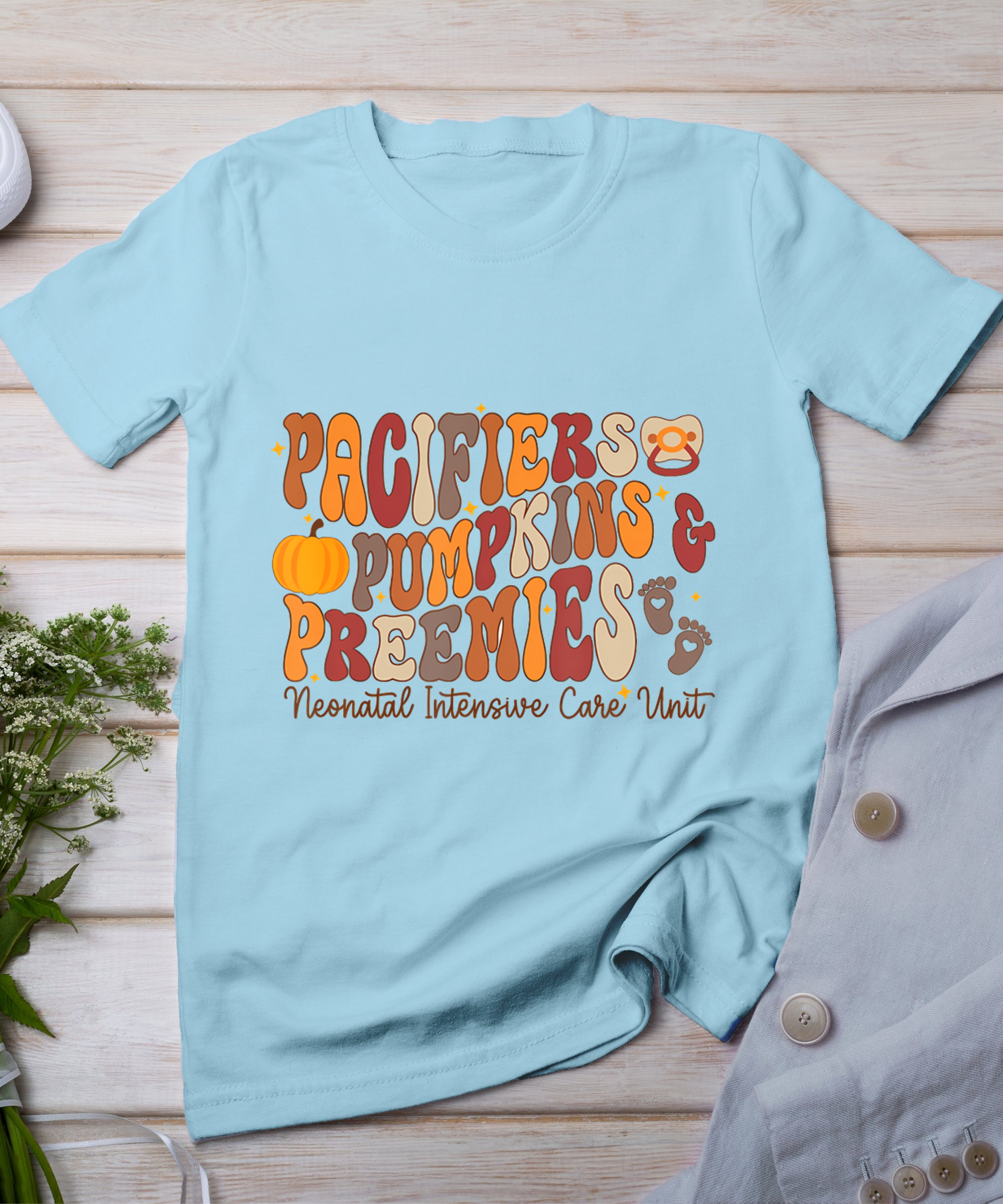 Retro Pacifiers Pumpkins Preemies Thanksgiving Nicu Nurse T-Shirt