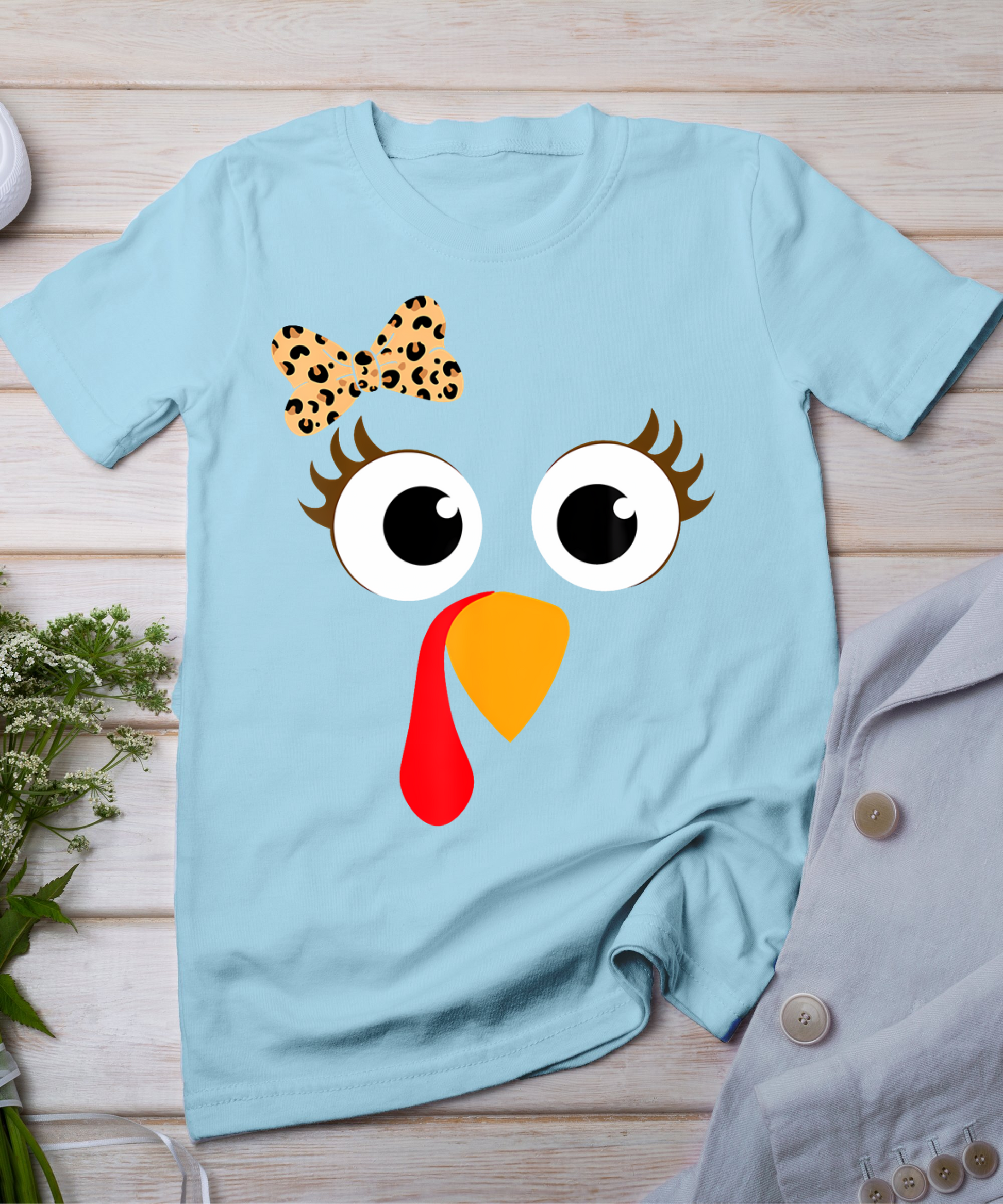 Turkey Face Girl Leopard Bow Thanksgiving Costume Turkey T-Shirt