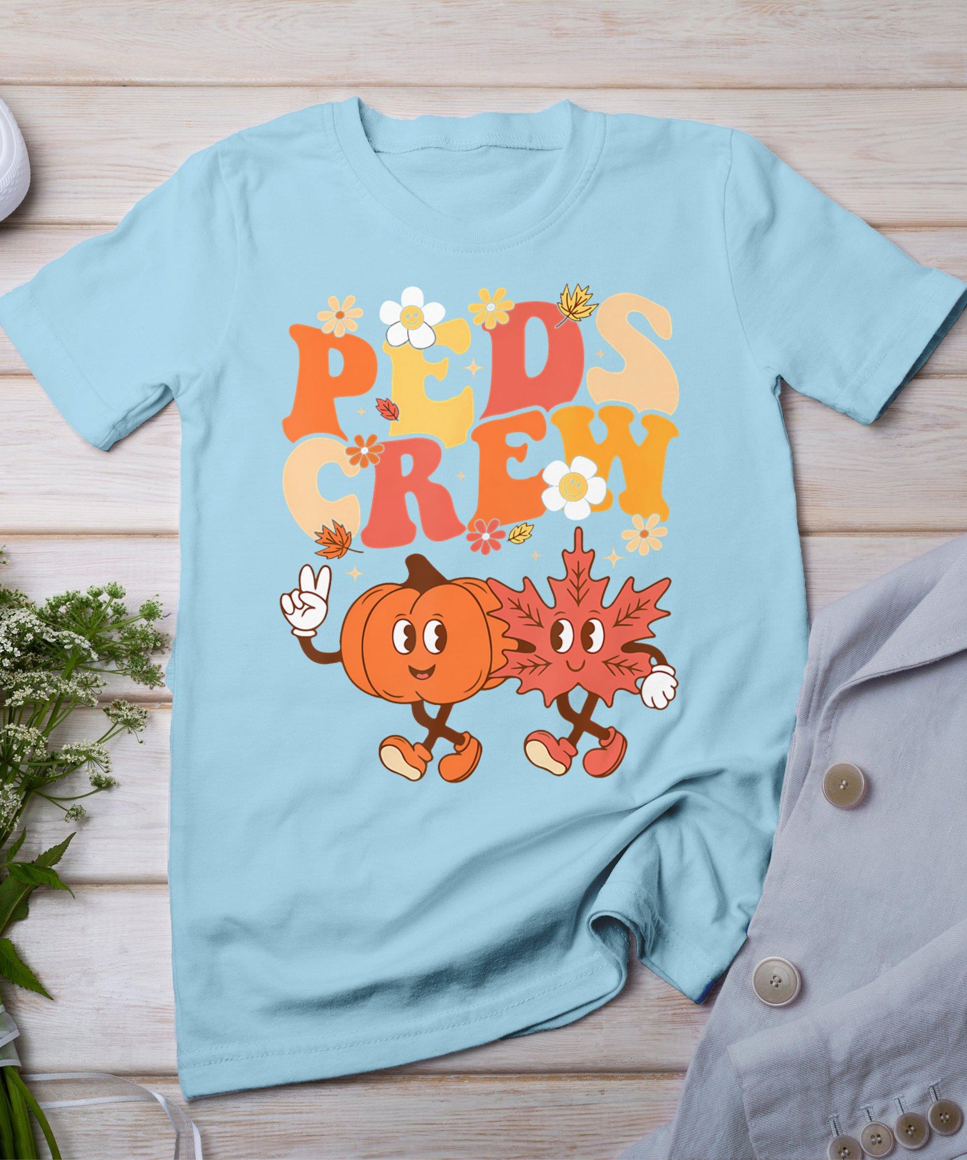 Peds Crew Pumpkin Leaf Pediatric Nurse Thanksgiving Fall T-Shirt