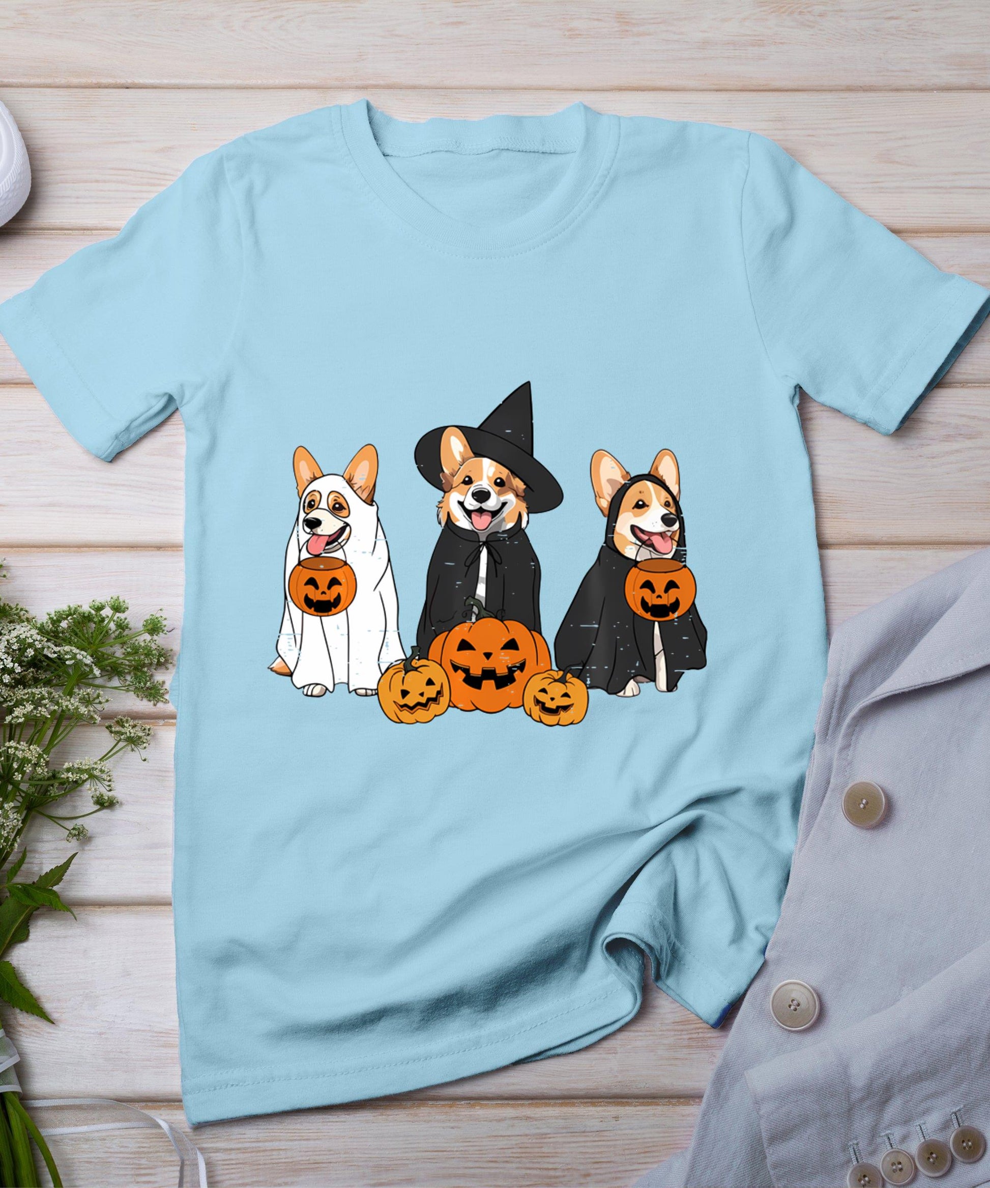 Retro Funny Ghost And Witch Corgi Dog Pumpkin Halloween Cute T-Shirt