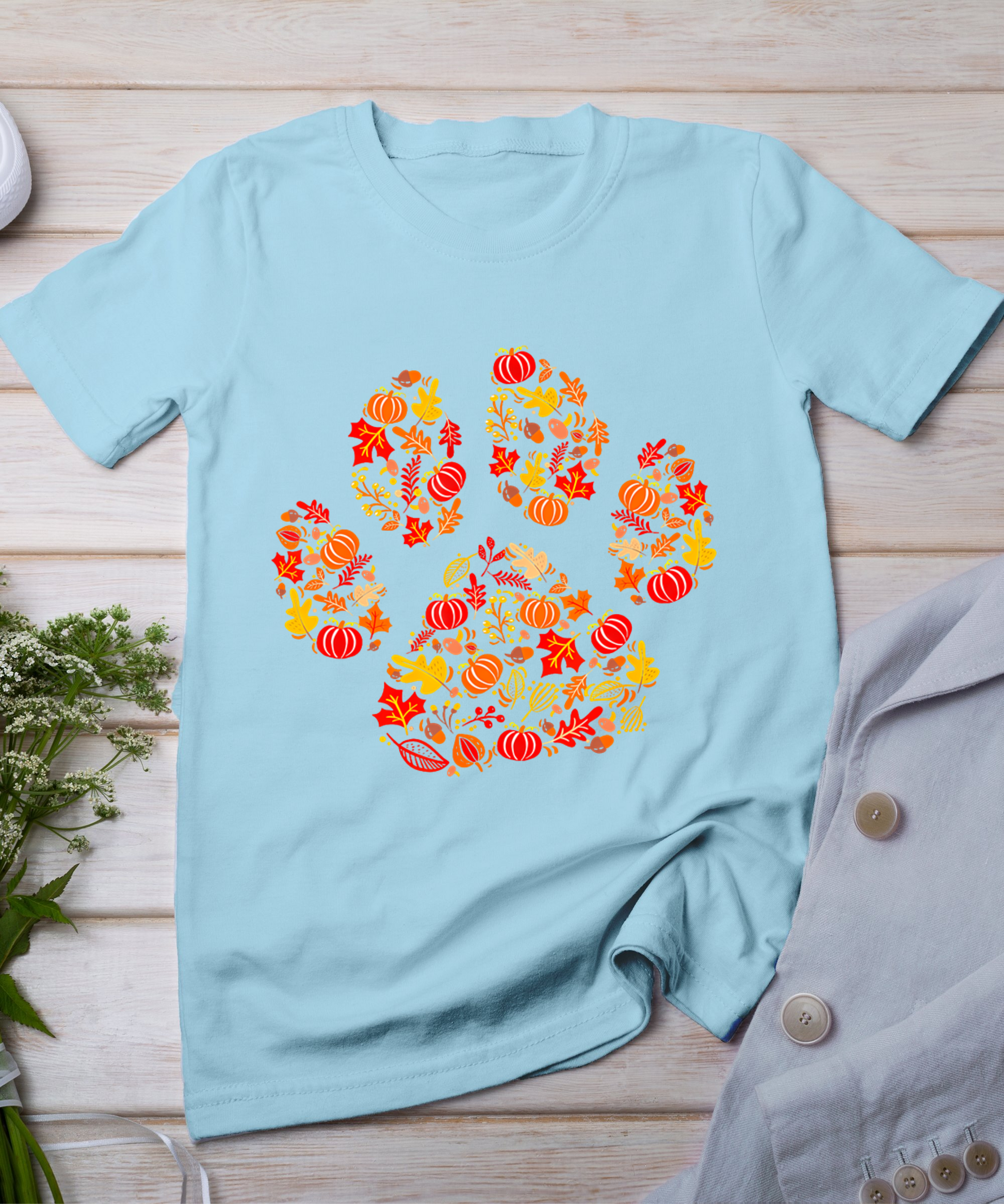 Hello Fall Autumn Leaf Dog Paw Print Pets Puppy Owner T-Shirt