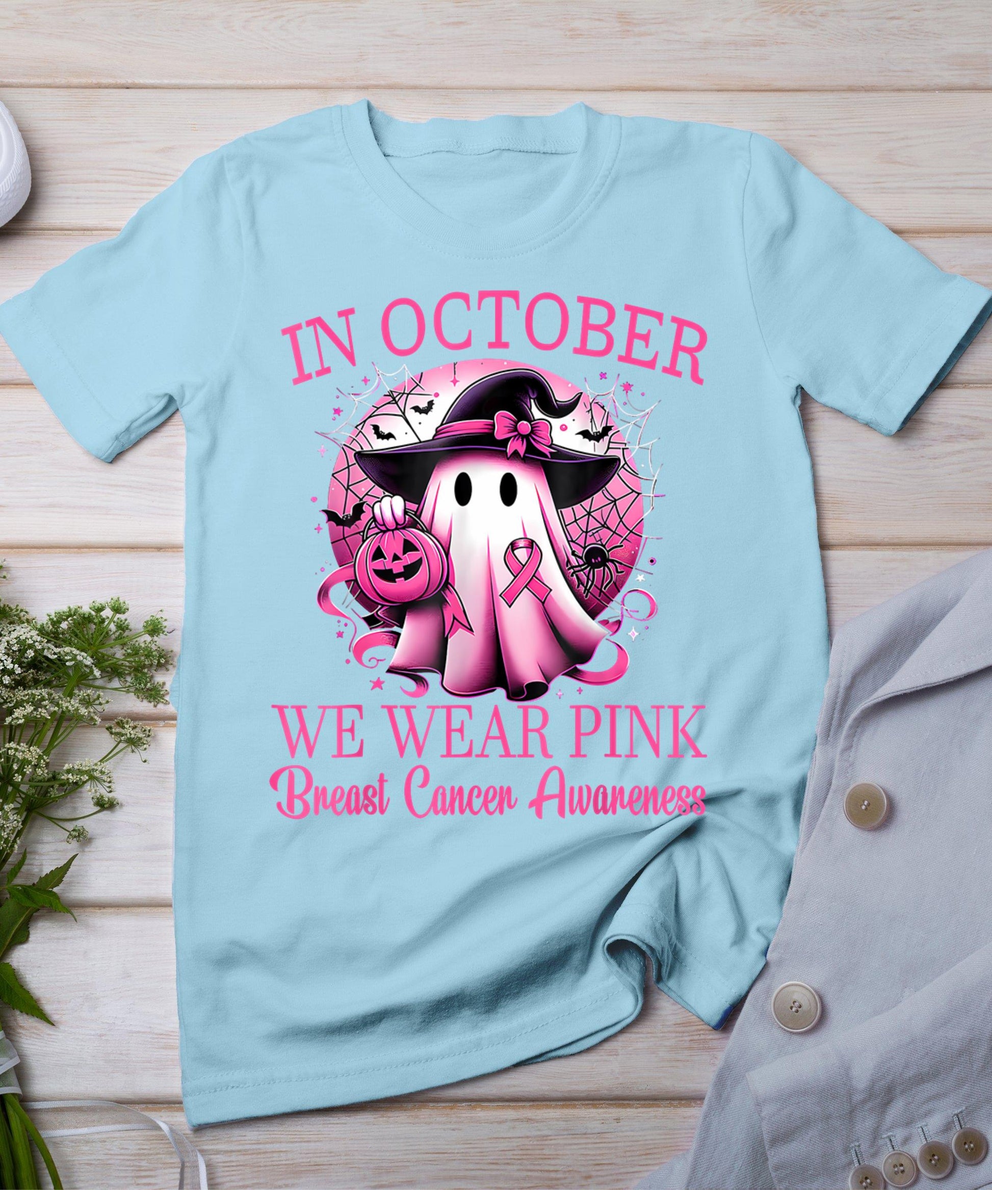 In October We Wear Pink Ghost Witch Breast Cancer Awareness T-Shirt