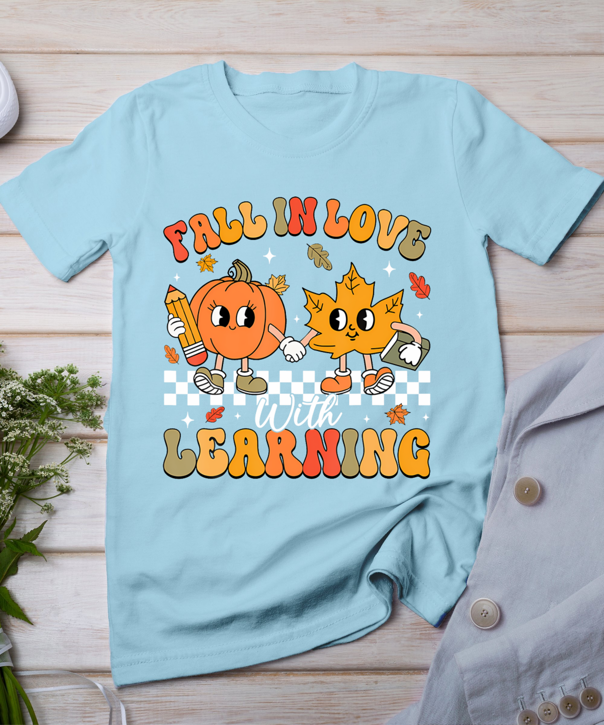 Retro Fall In Love With Learning Autumn Pumpkin Teacher T-Shirt