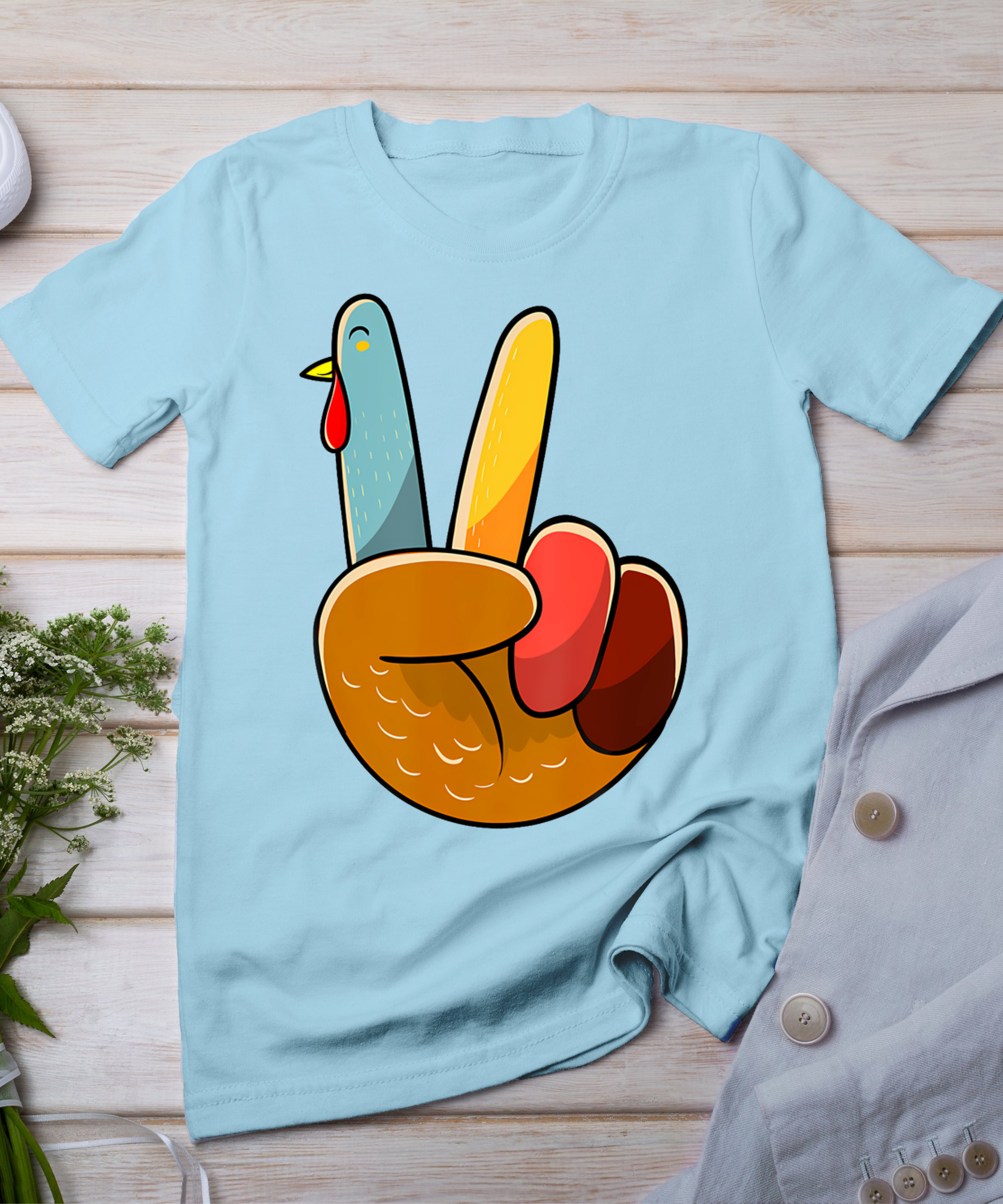 Turkey Peace Hand Sign Thanksgiving Thankful Women Kids Girl T-Shirt