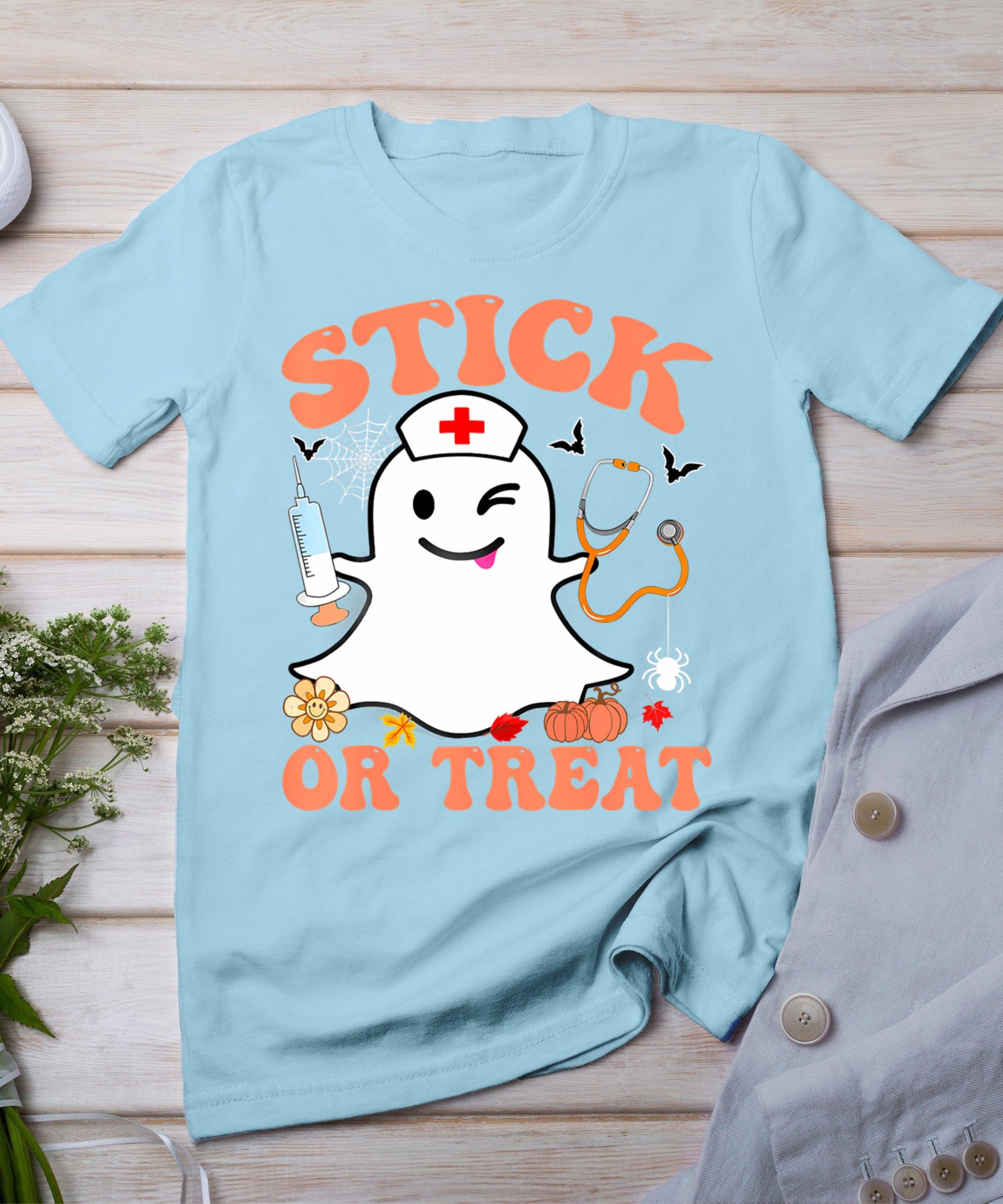 Stick Or Treat Nurse Funny Halloween Costume T-Shirt