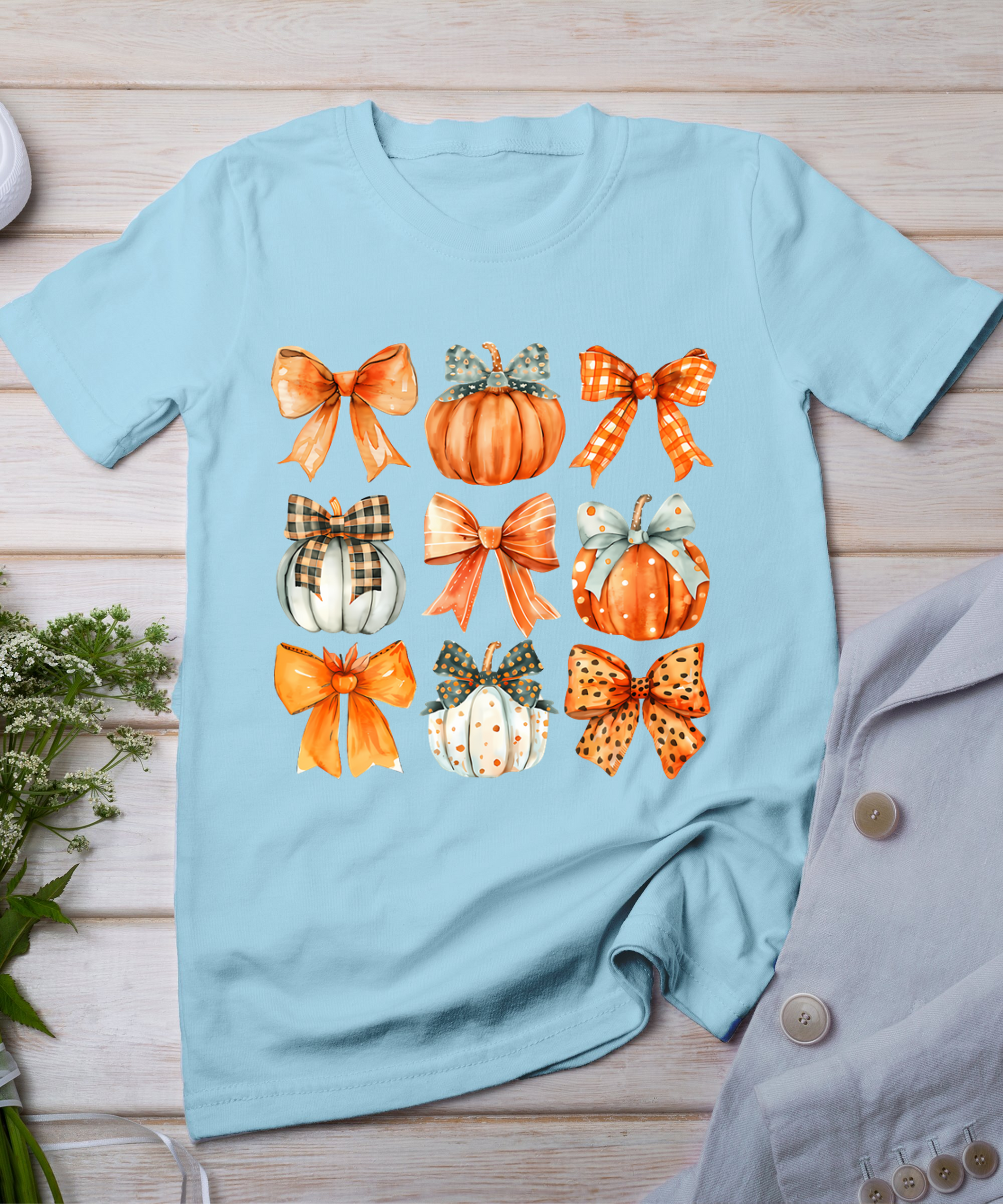 Coquette Bow Pumpkin Season Thanksgiving Autumn Fall Leaves T-Shirt