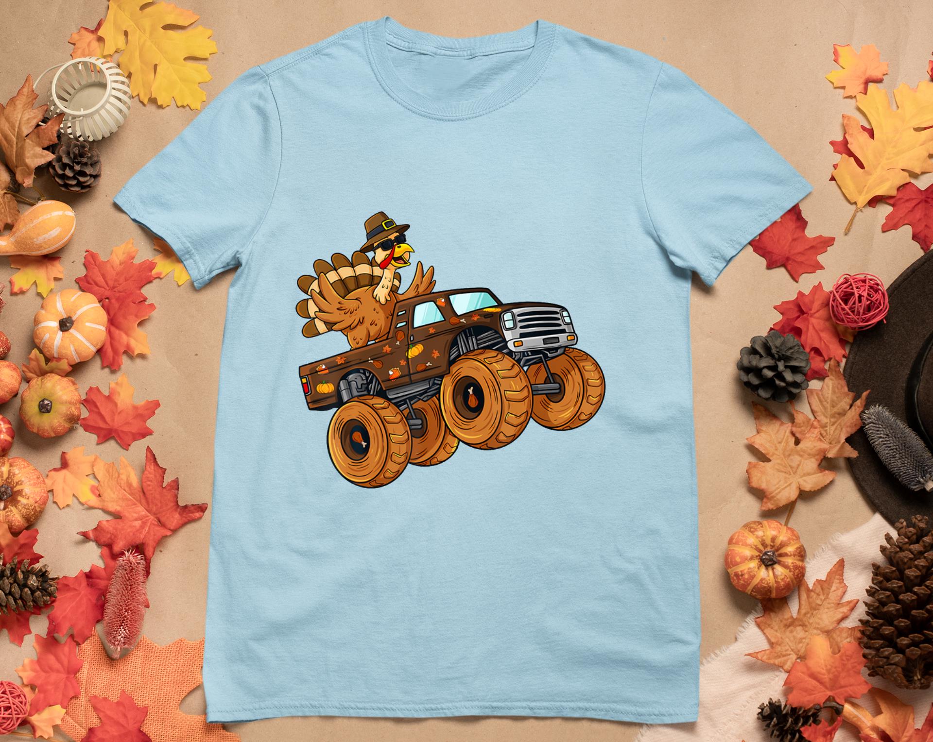 Thanksgiving Turkey Riding Monster Truck Boys Kids T-Shirt