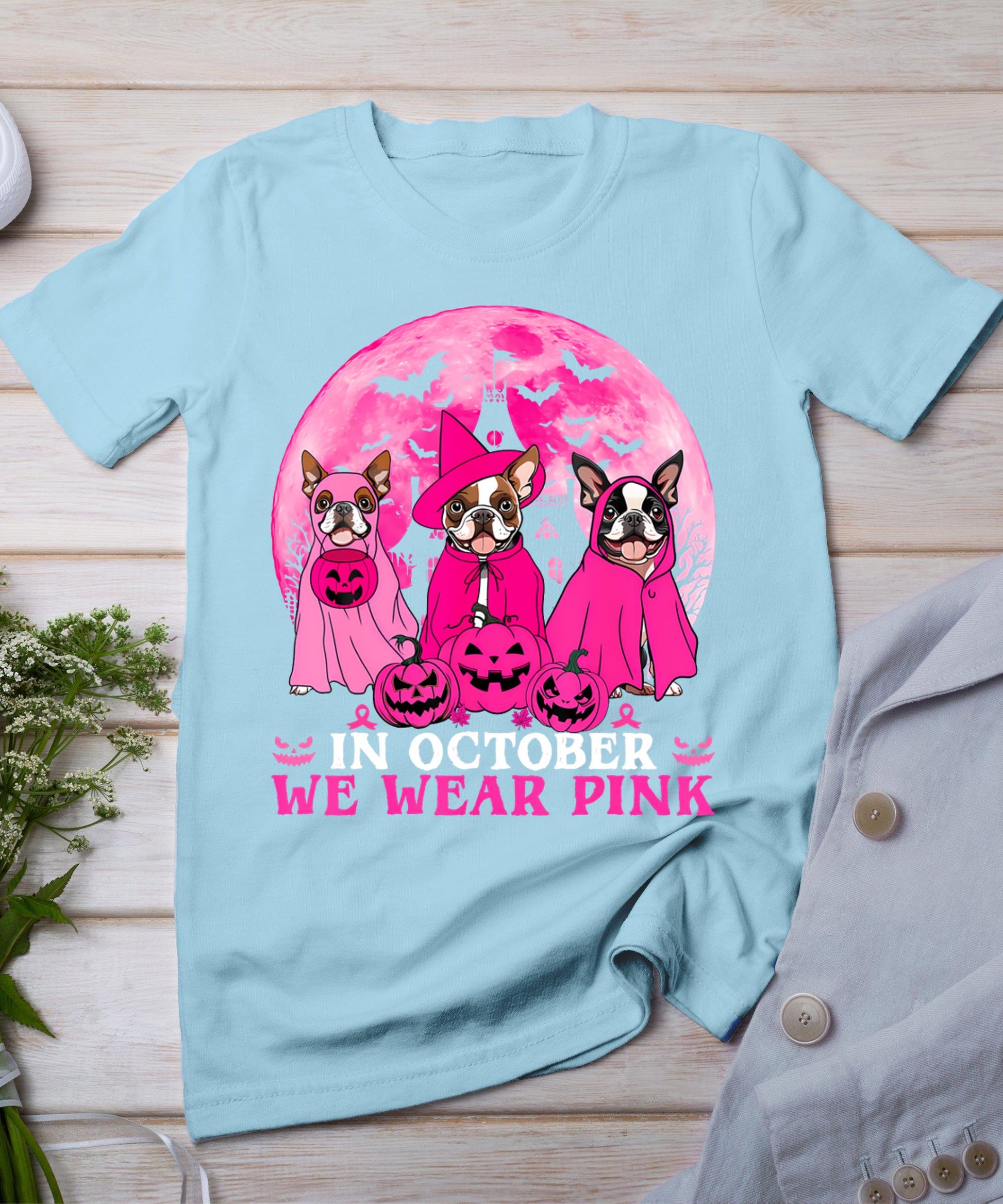 Ghost And Witch Boston Terrier Dog In October We Wear Pink T-Shirt