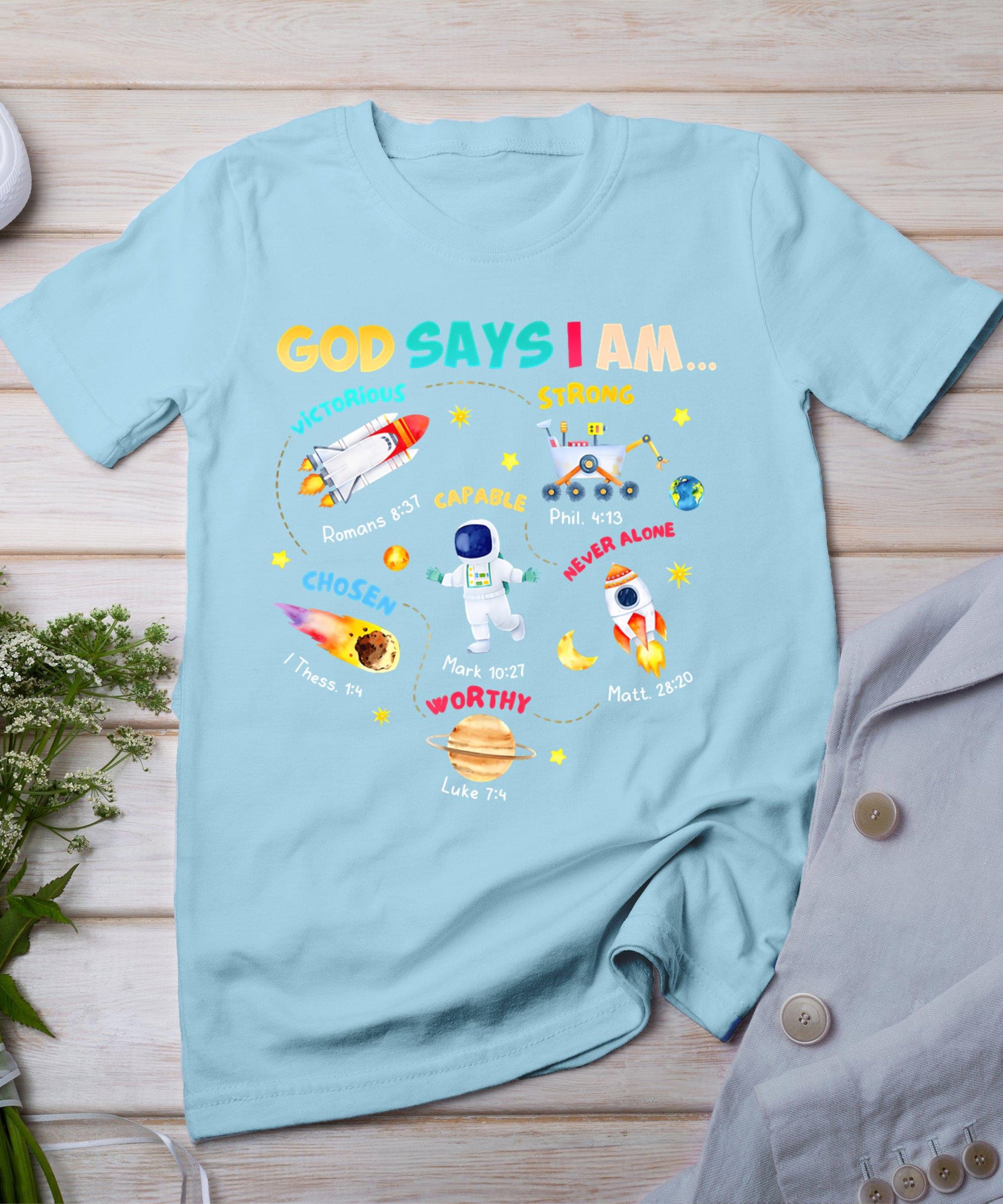 God Says I Am Outer Space Themed Bible Christian Kids Boys T-Shirt