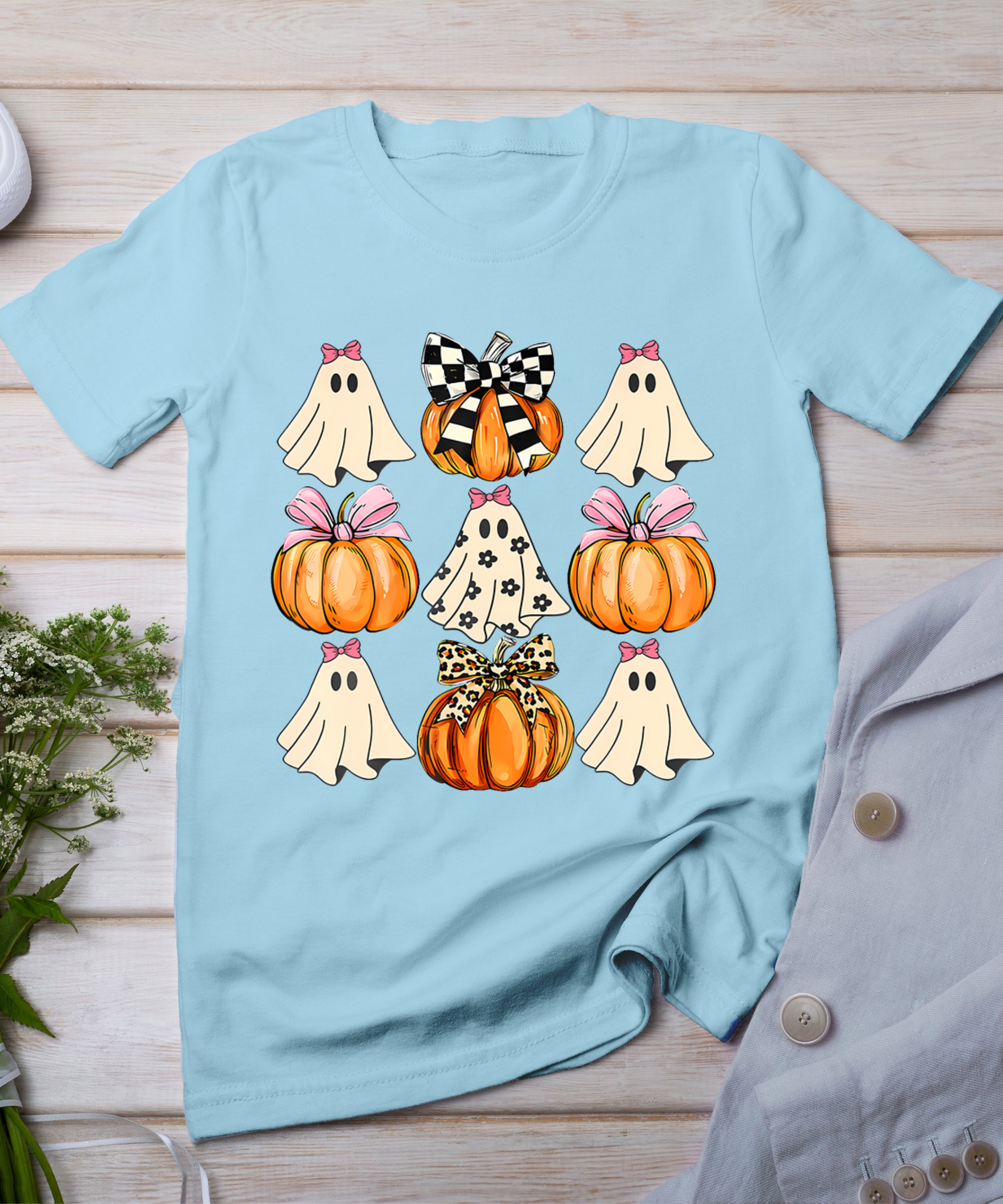 Cute Coquette Bows Ghost Pumpkin Season Halloween Autumn T-Shirt