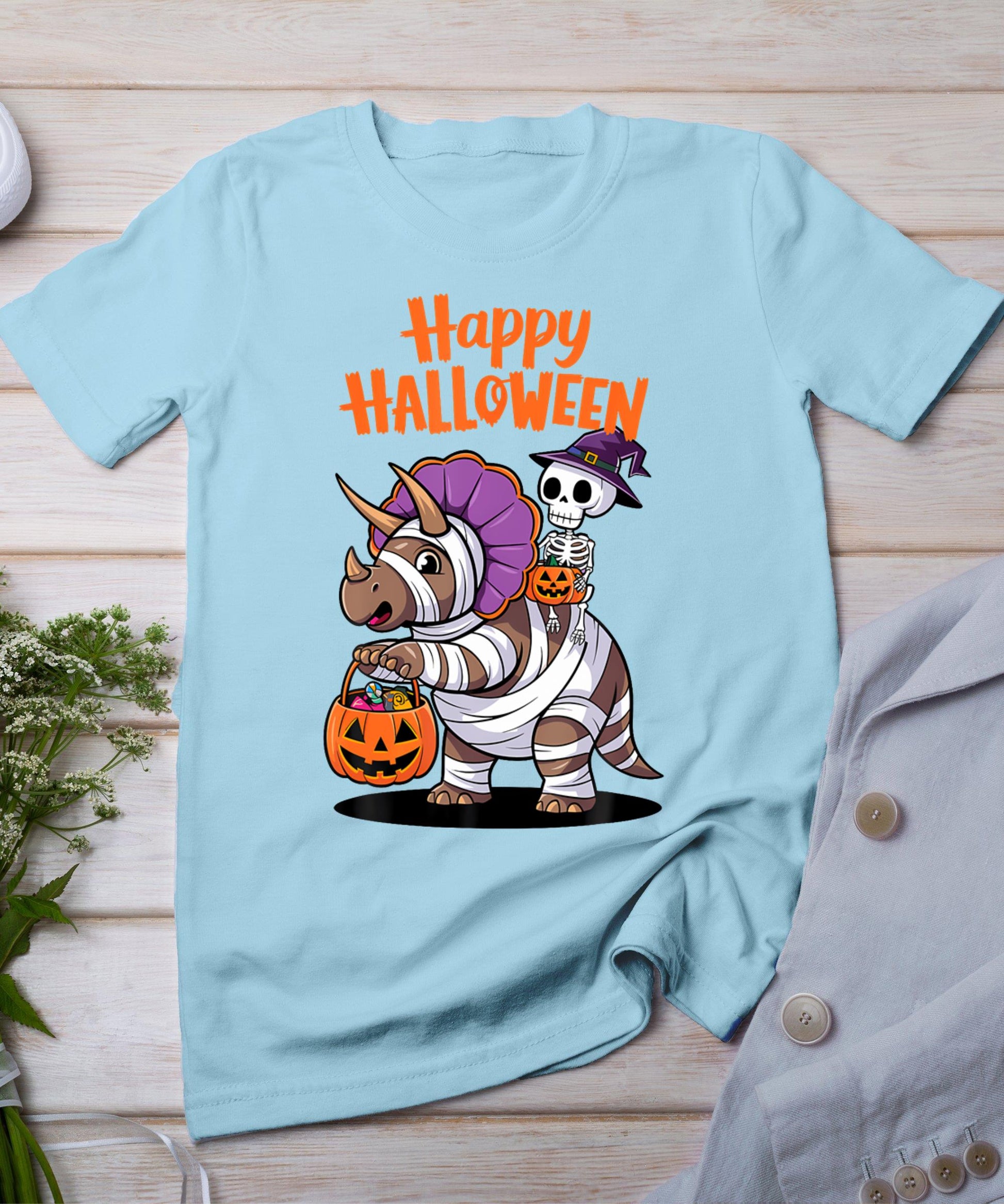 Cute Skeleton Riding Triceratops Happy Halloween Design T-Shirt