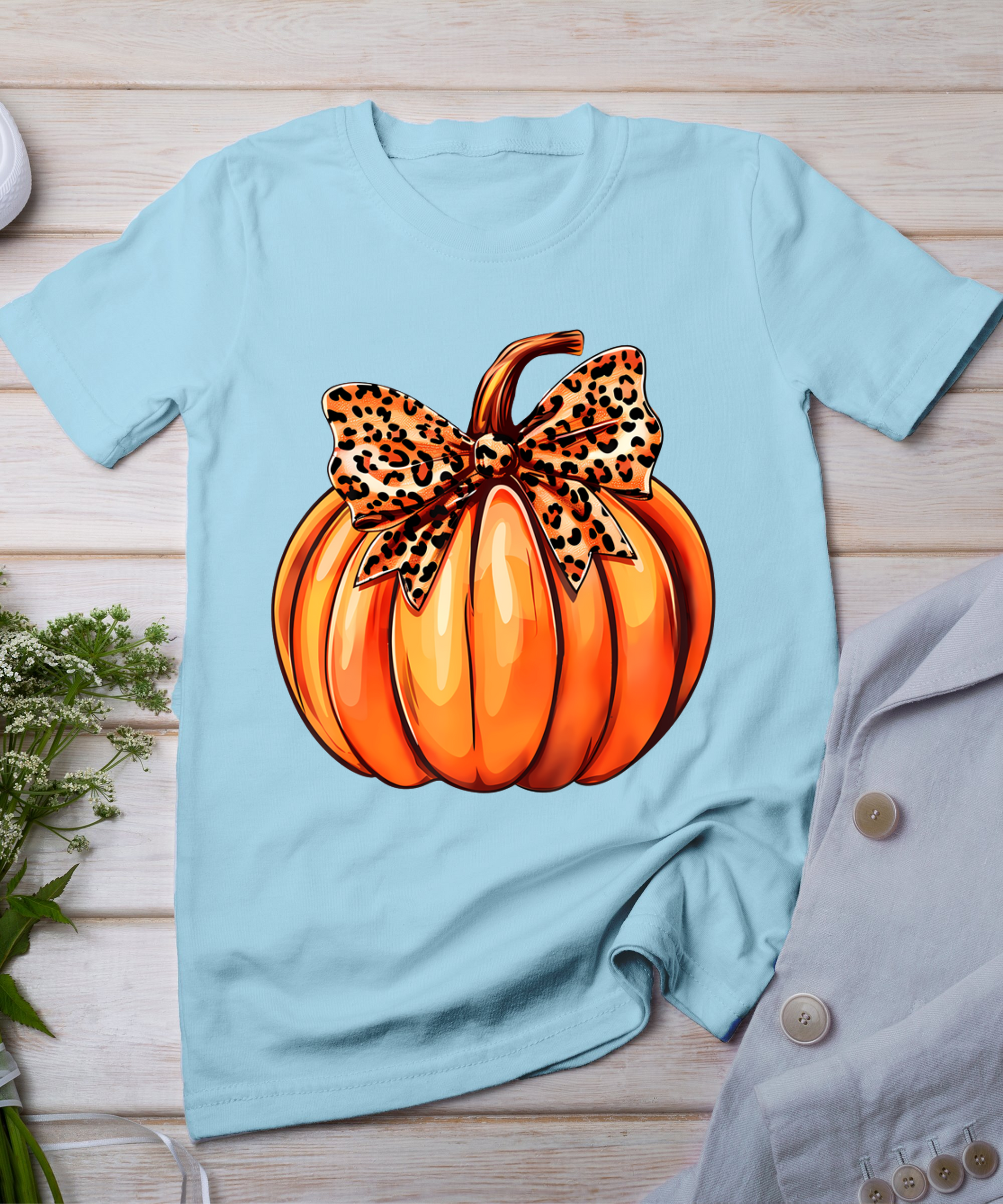 Coquette Bow Leopard Pumpkin Thanksgiving Rustic Fall Women T-Shirt