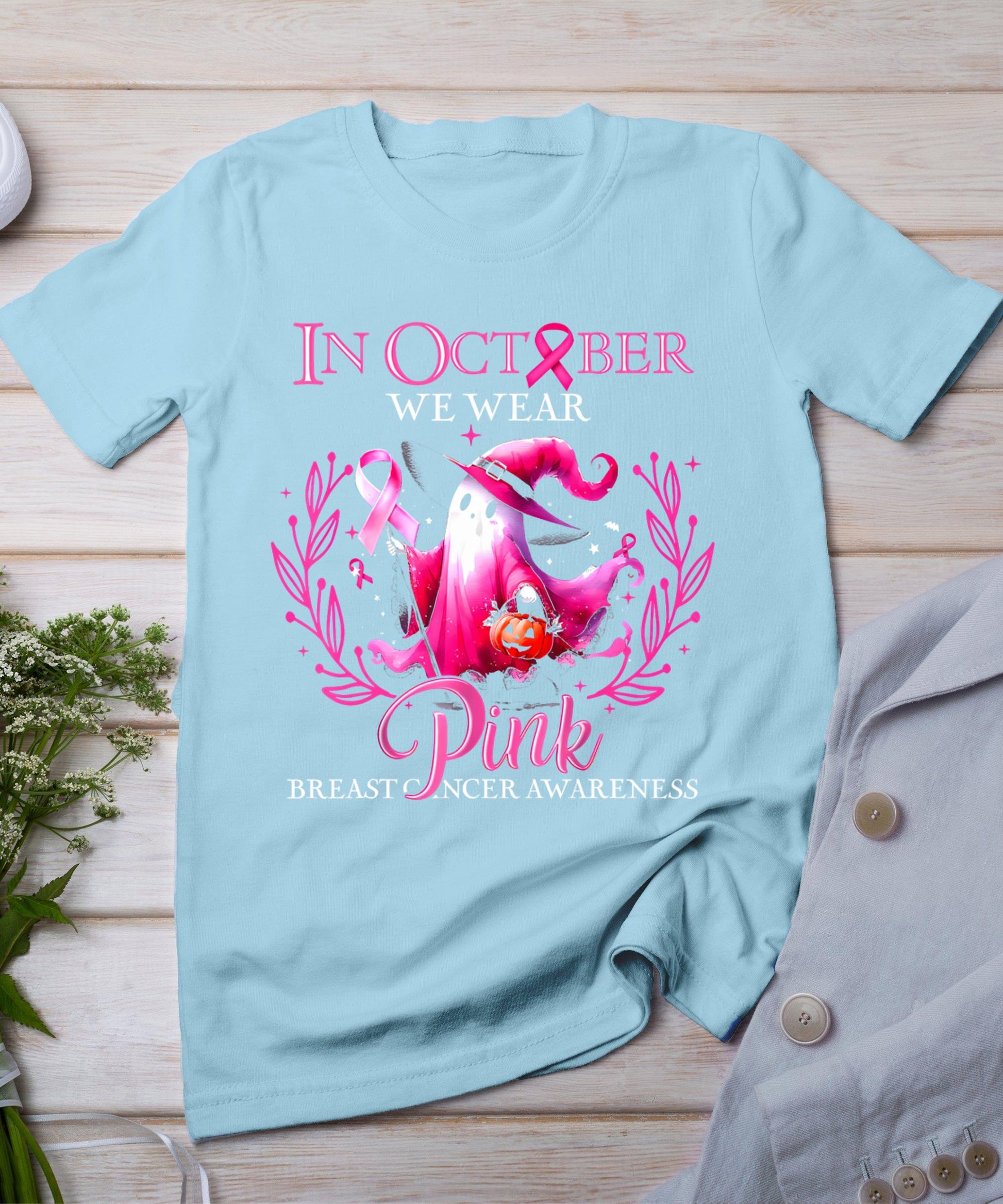 In October We Wear Pink Ghost Witch Breast Cancer Awareness T-Shirt