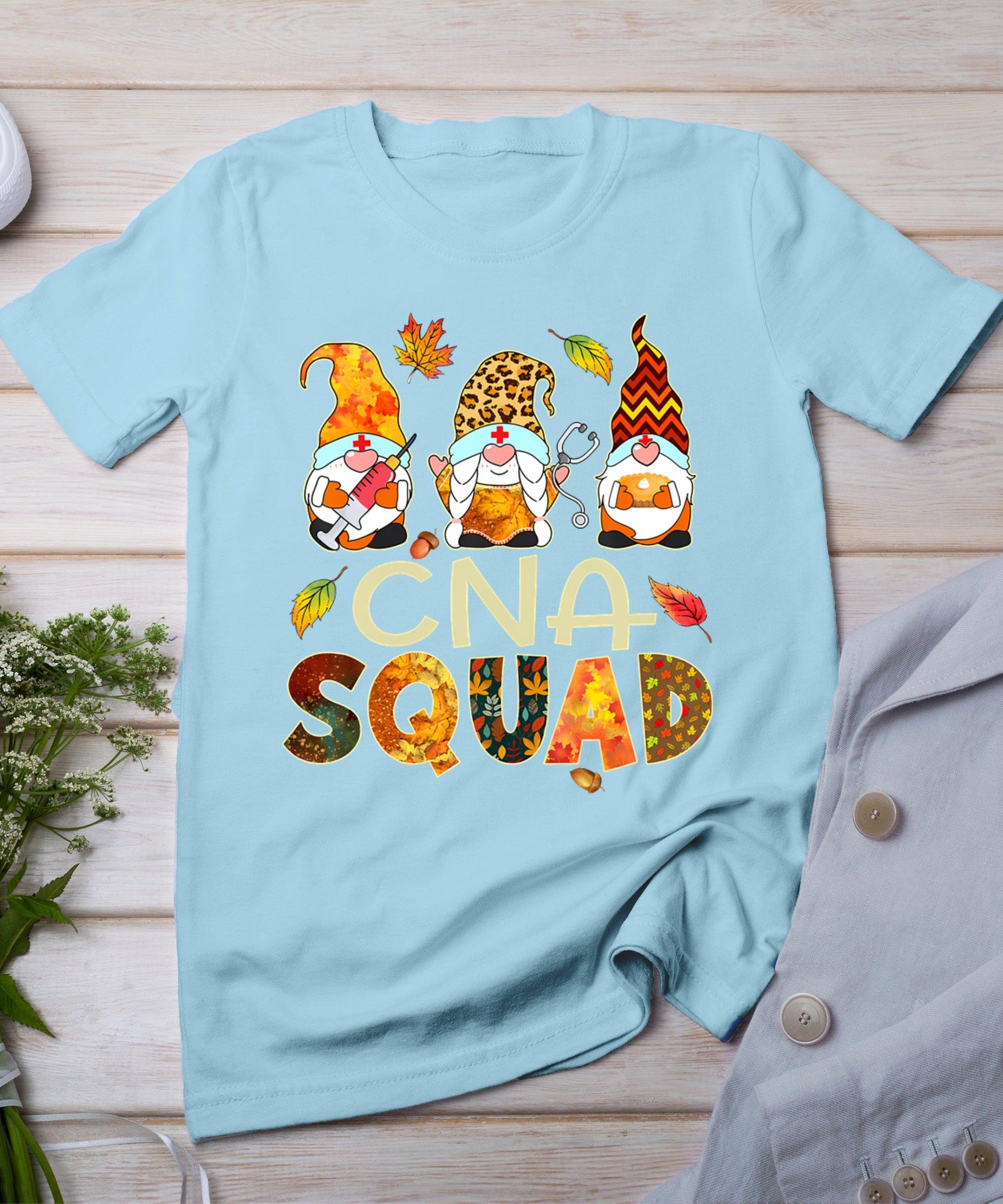 Cna Squad Gnome Nurse Leopard Thanksgiving Fall Stethoscope T-Shirt