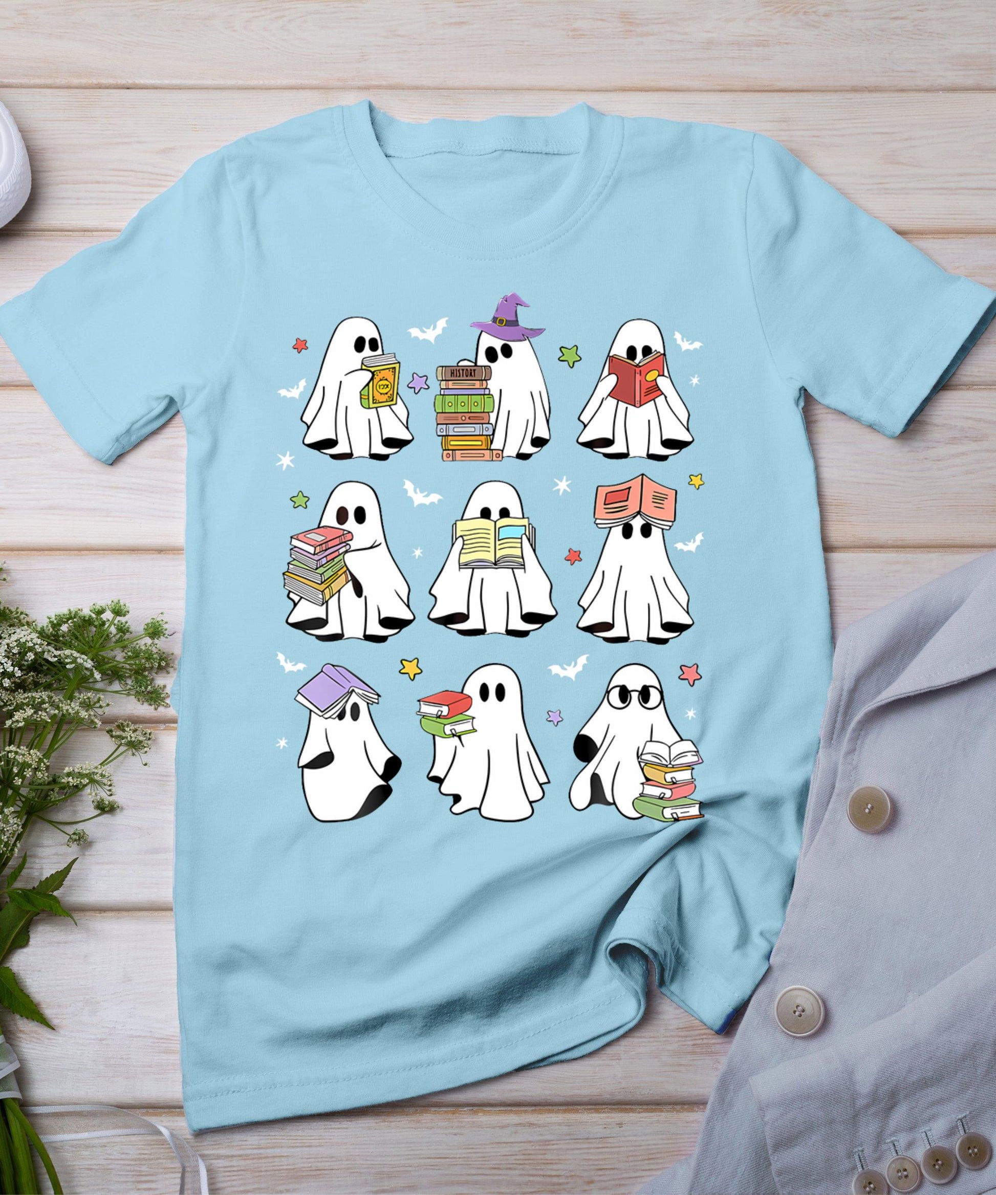 Cute Ghost Book Reading Halloween Books Lover Teacher Kids T-Shirt