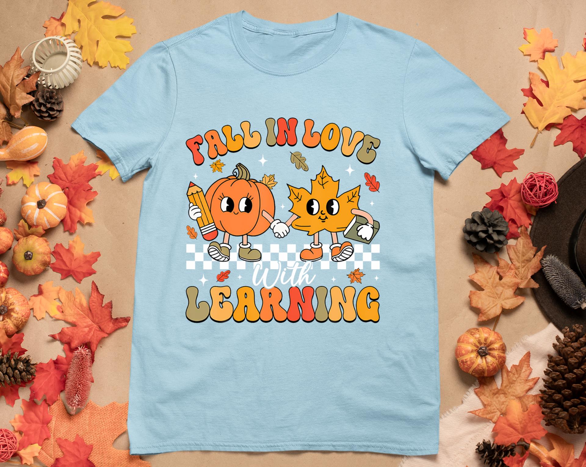 Retro Fall In Love With Learning Autumn Pumpkin Teacher T-Shirt