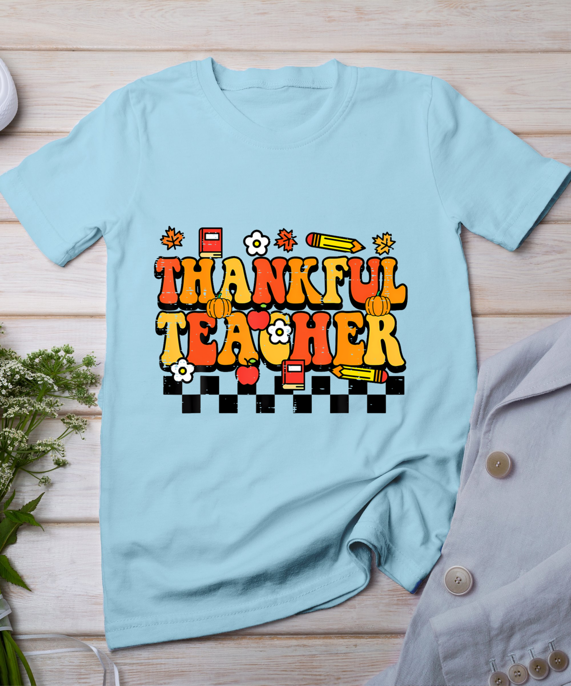 Thankful Teacher Retro Groovy Thanksgiving Fall Women Men T-Shirt