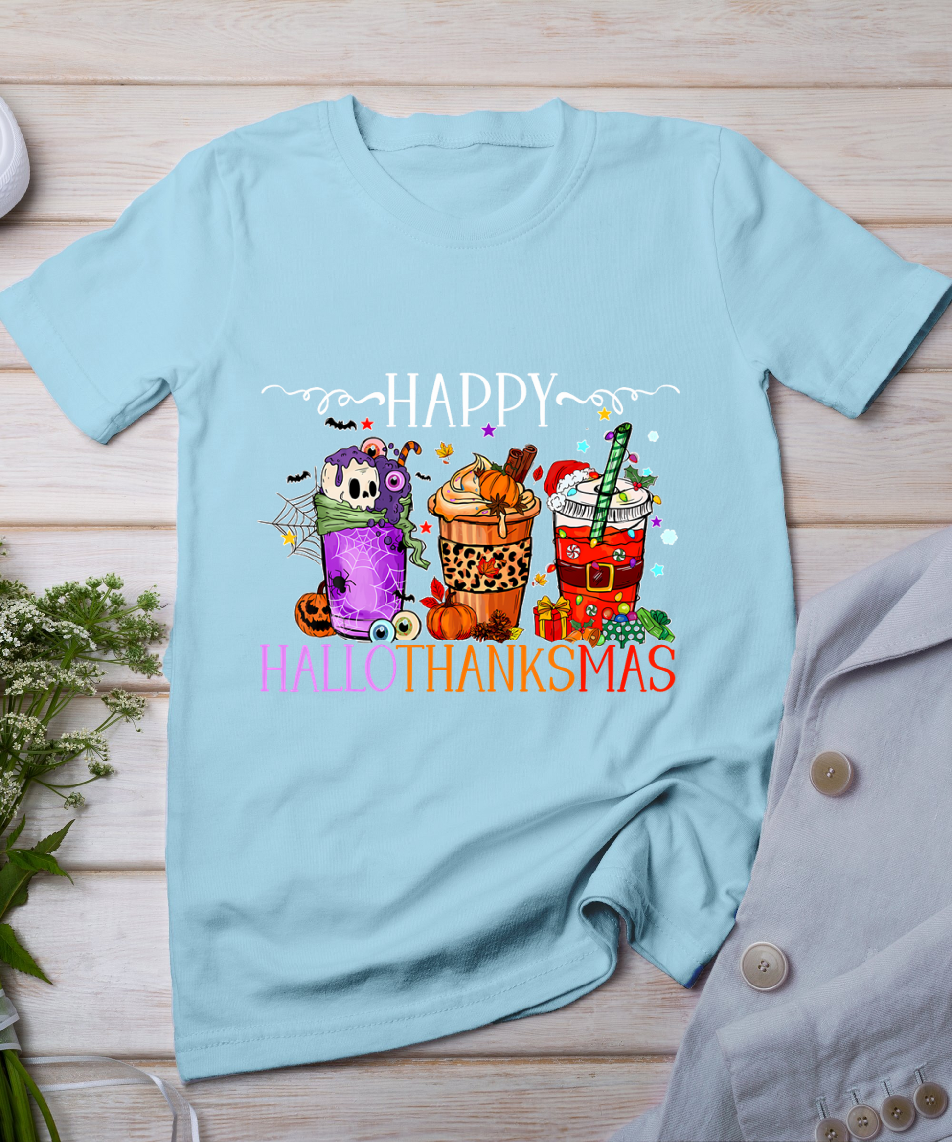 Happy Hallothanksmas Halloween Thanksgiving Christmas T-Shirt