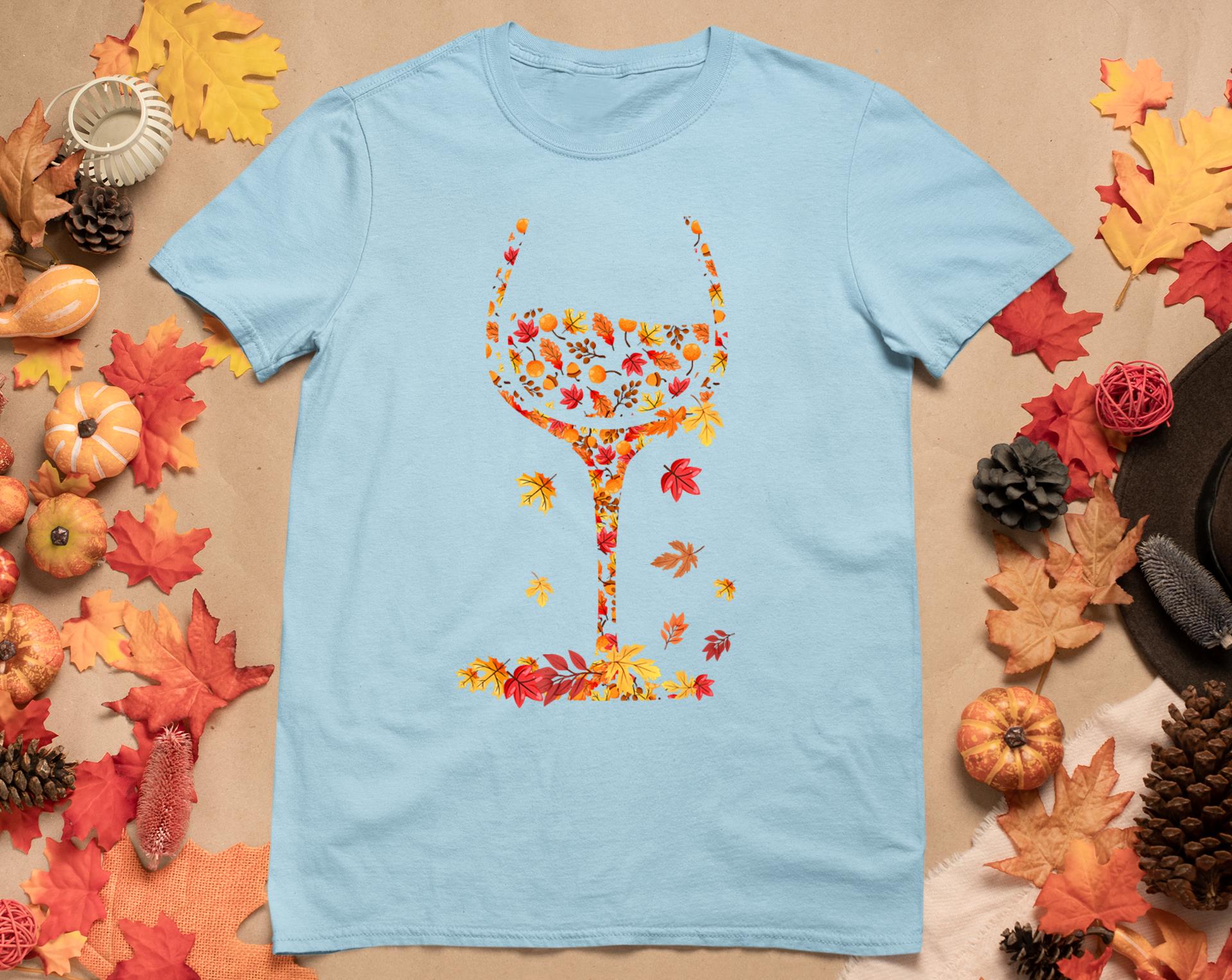 Glass Of Wine Maple Leaf Autumn Fall Funny Drink Wine Lovers T-Shirt