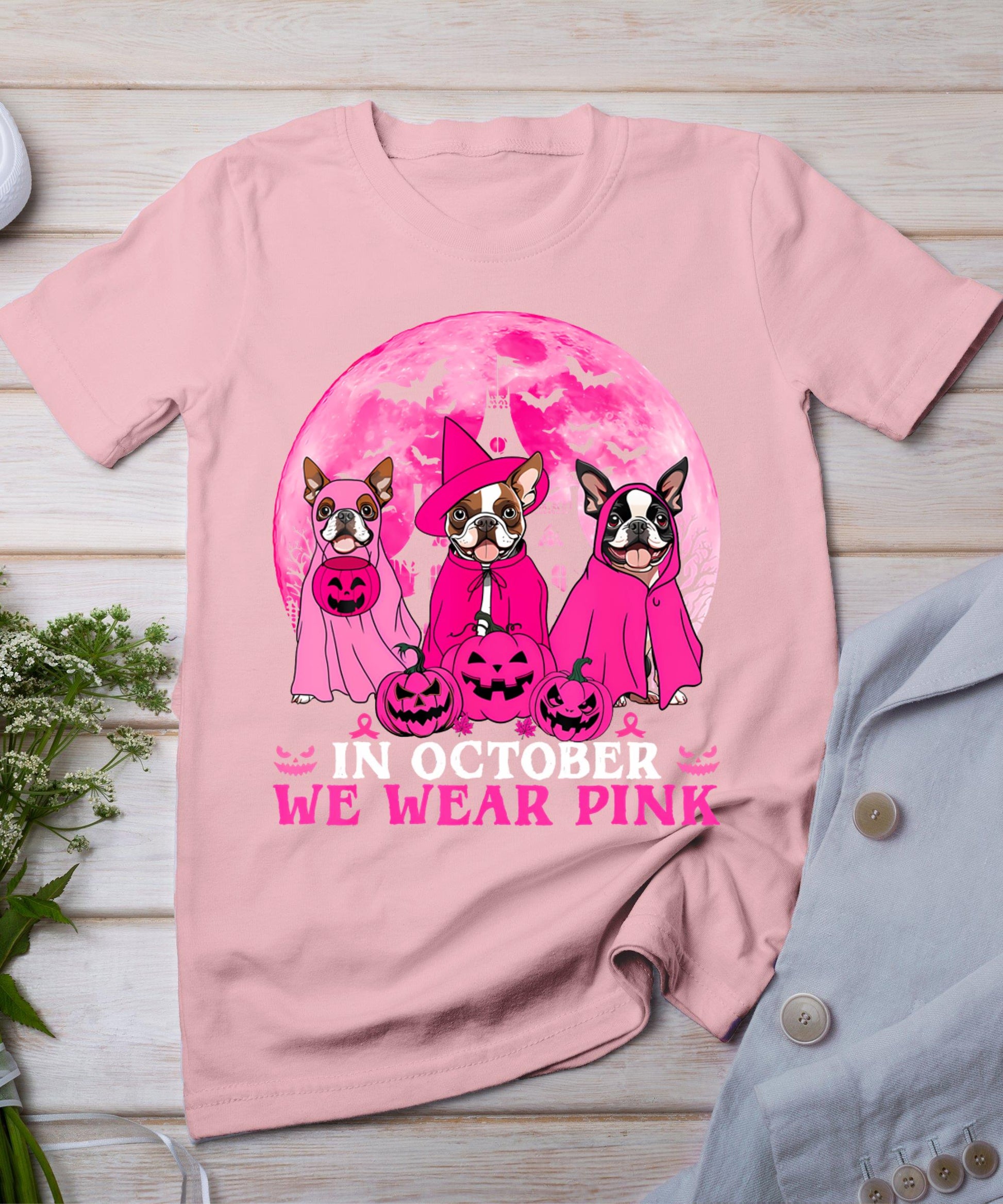 Ghost And Witch Boston Terrier Dog In October We Wear Pink T-Shirt