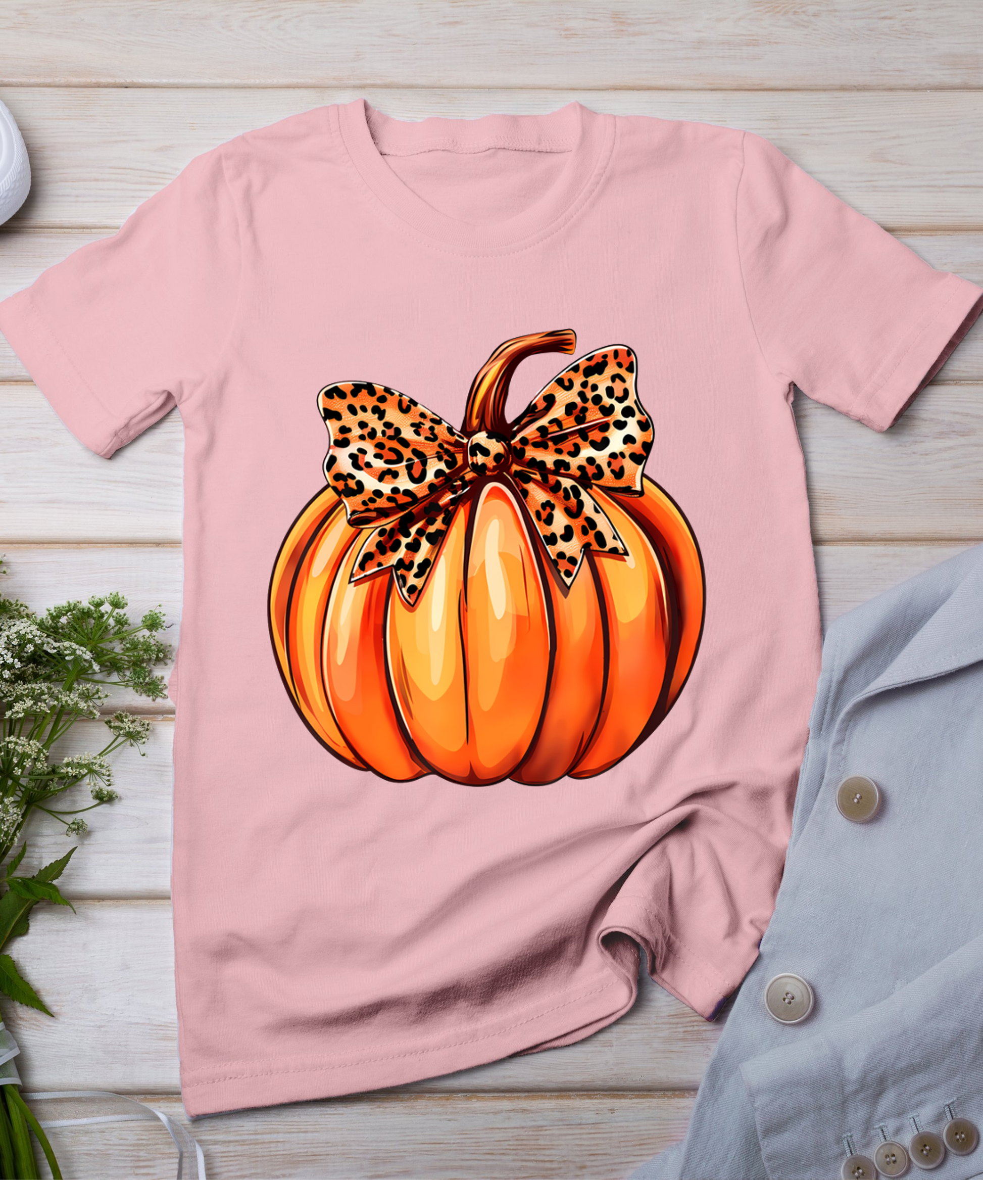 Coquette Bow Leopard Pumpkin Thanksgiving Rustic Fall Women T-Shirt