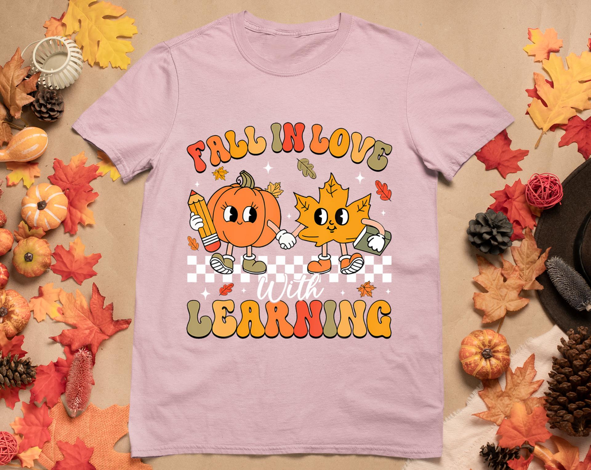 Retro Fall In Love With Learning Autumn Pumpkin Teacher T-Shirt