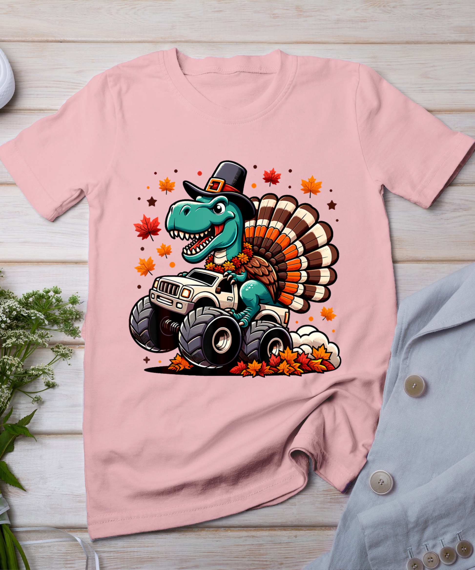 Thanksgiving Shirts Boys Kids Dinosaur T Rex Monster Truck T-Shirt