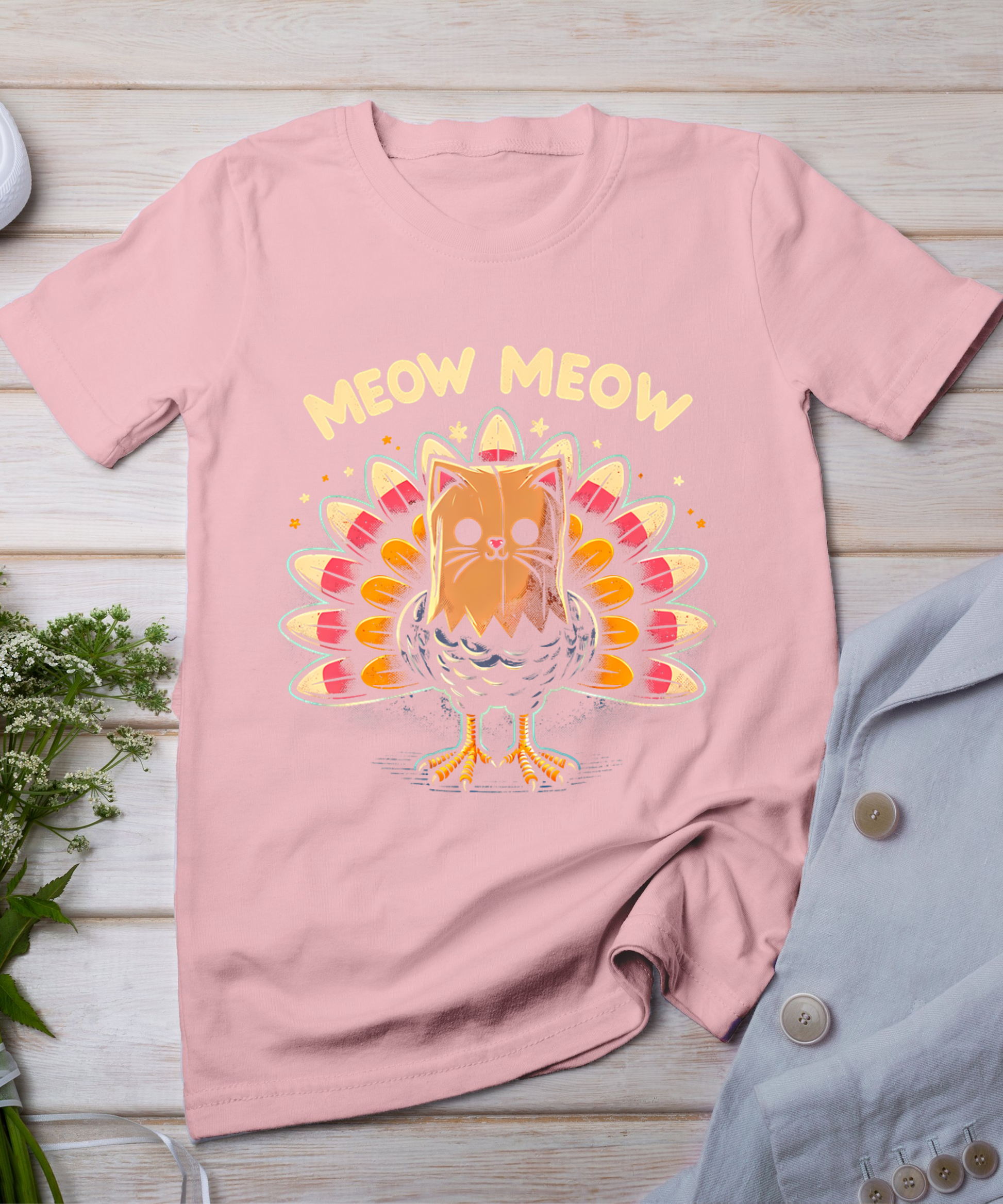 Funny Thanksgiving Shirt For Men Women Kids Meow Cat Turkey T-Shirt