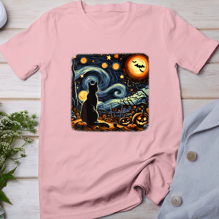 Halloween Van Gogh Starry Night Black Cat Pumpkins Bats T-Shirt