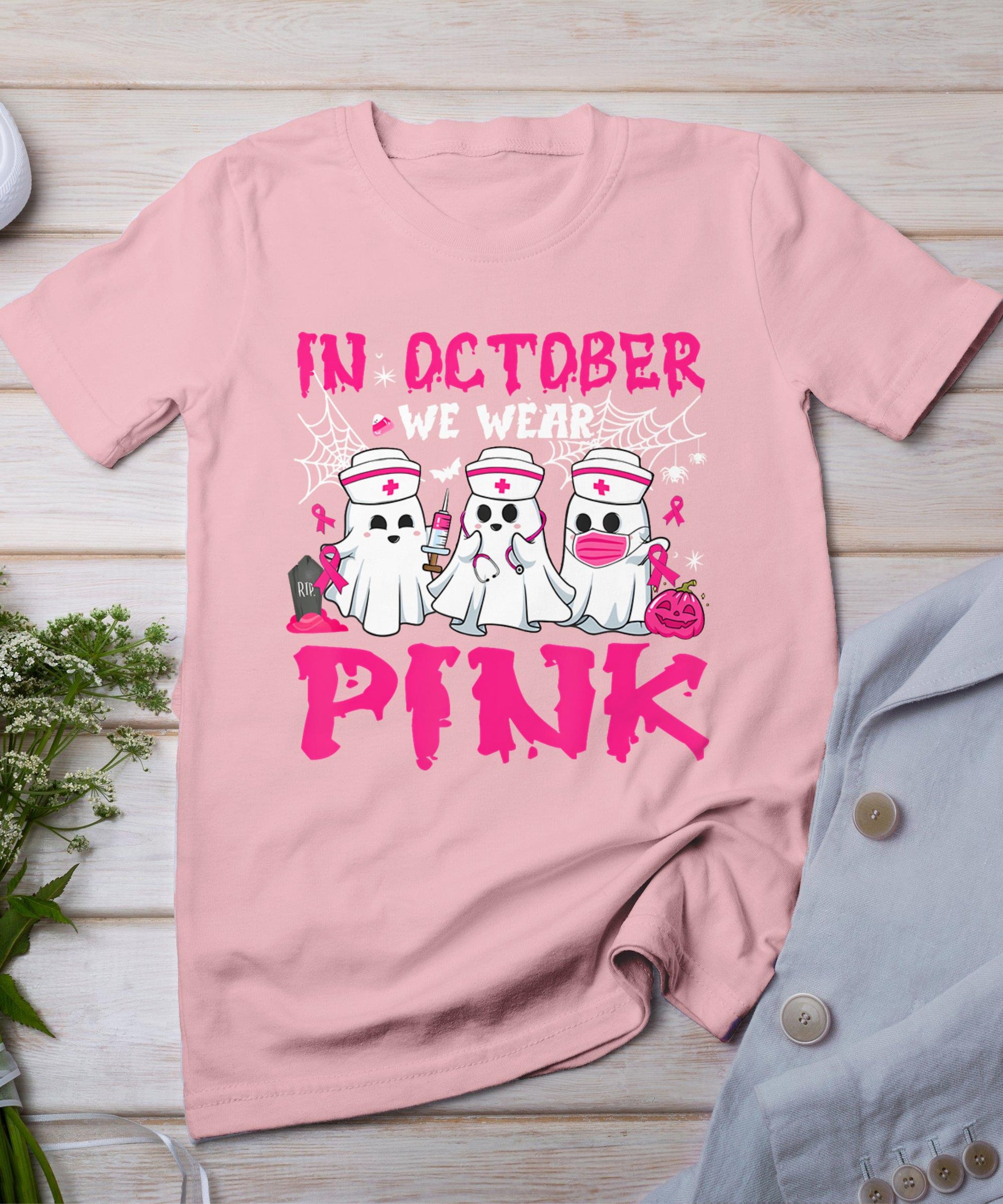 In October We Wear Pink Nurse Ghost Halloween Breast Cancer T-Shirt