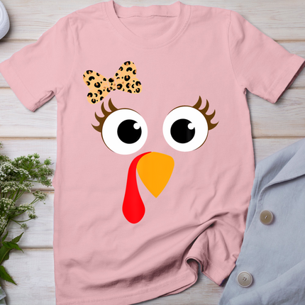 Turkey Face Girl Leopard Bow Thanksgiving Costume Turkey T-Shirt