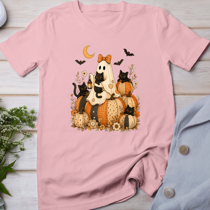 Cute Halloween Ghost Black Cat Pumpkin Patchwork Cat Mom T-Shirt