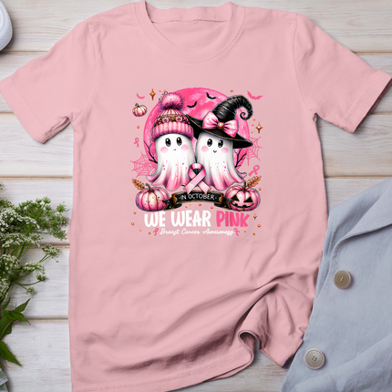 in October We Wear Pink Ghost Witch Breast Cancer Awareness T-Shirt