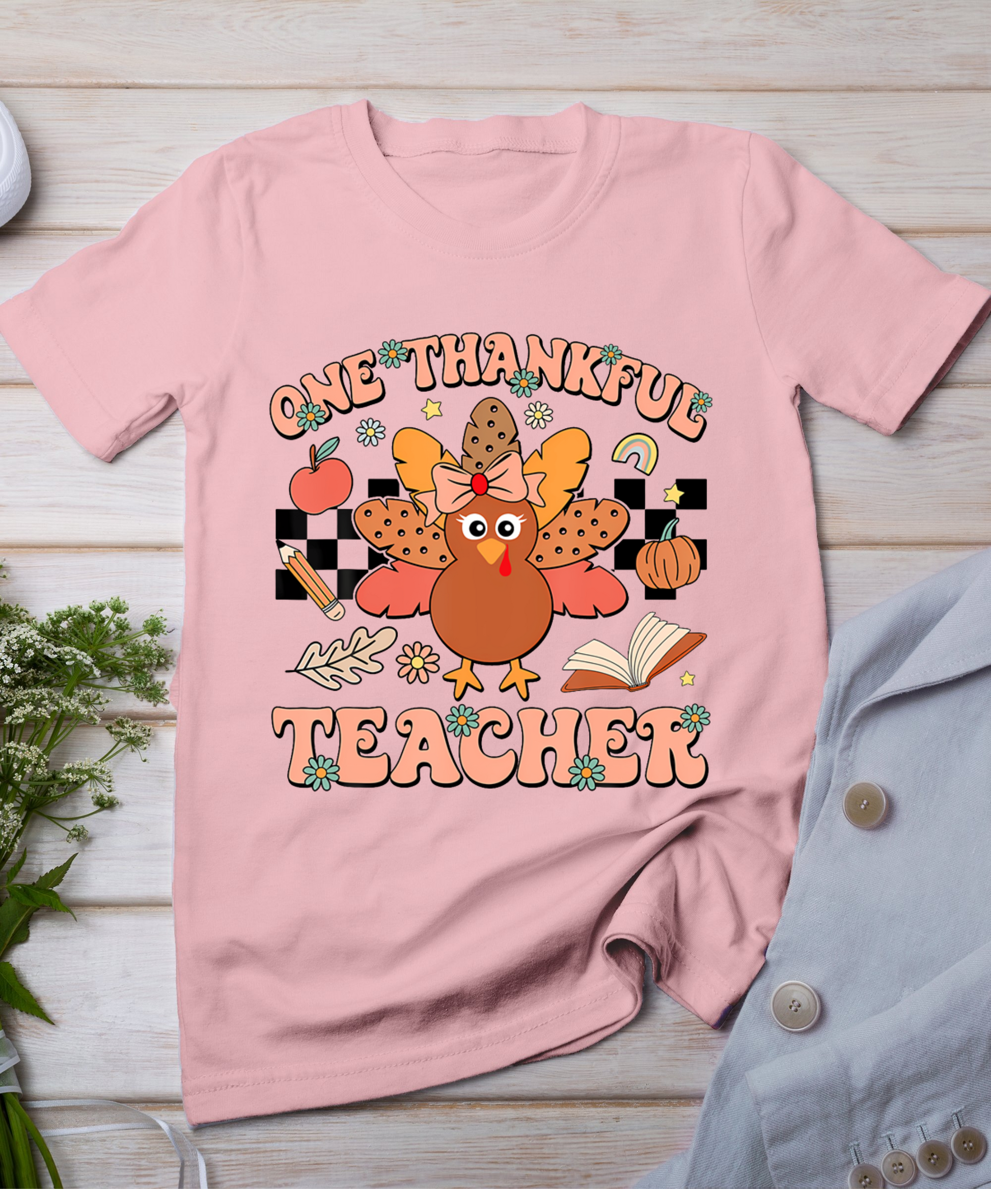 One Thankful Teacher Thanksgiving Retro Groovy Fall Teachers T-Shirt