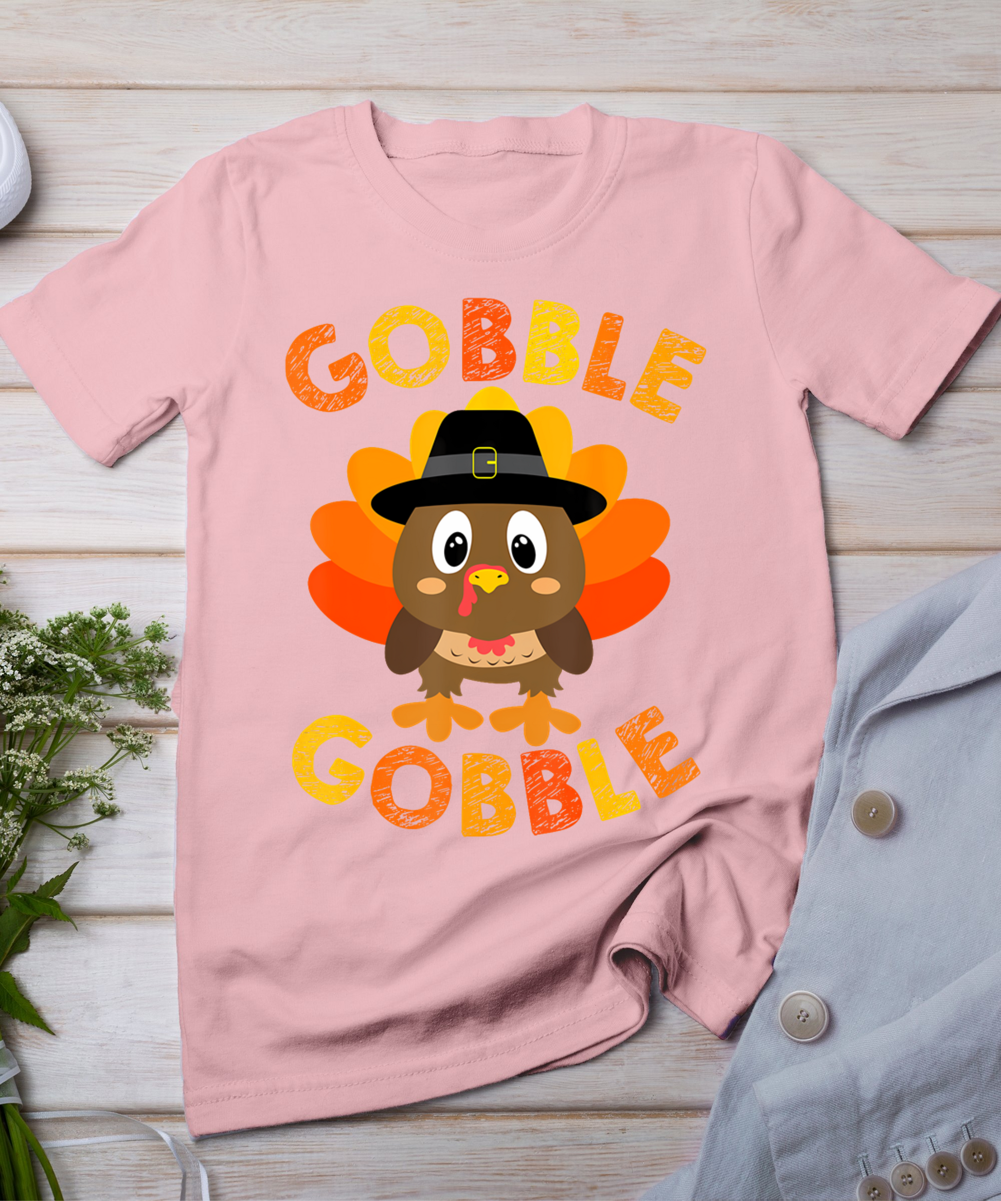 Cute Gobble Gobble Turkey Pilgrim Little Boys Thanksgiving T-Shirt